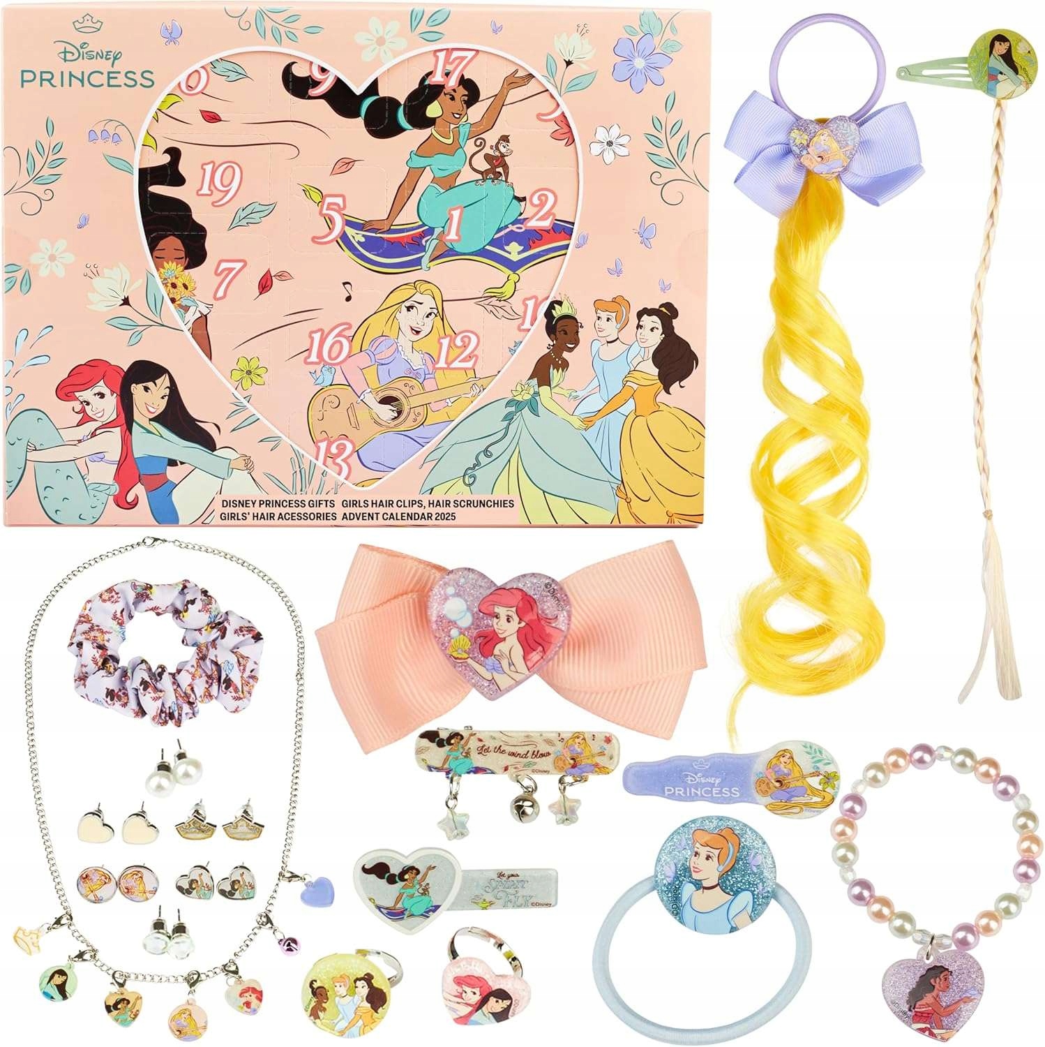 Адвент-календарь Disney Princess розовый, 24 сюрприза: резинки, заколки, браслеты, подвески — фото 2