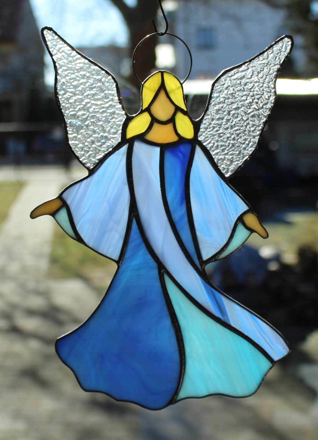 Anděl vitrážový Tiffany rozložený Modrý