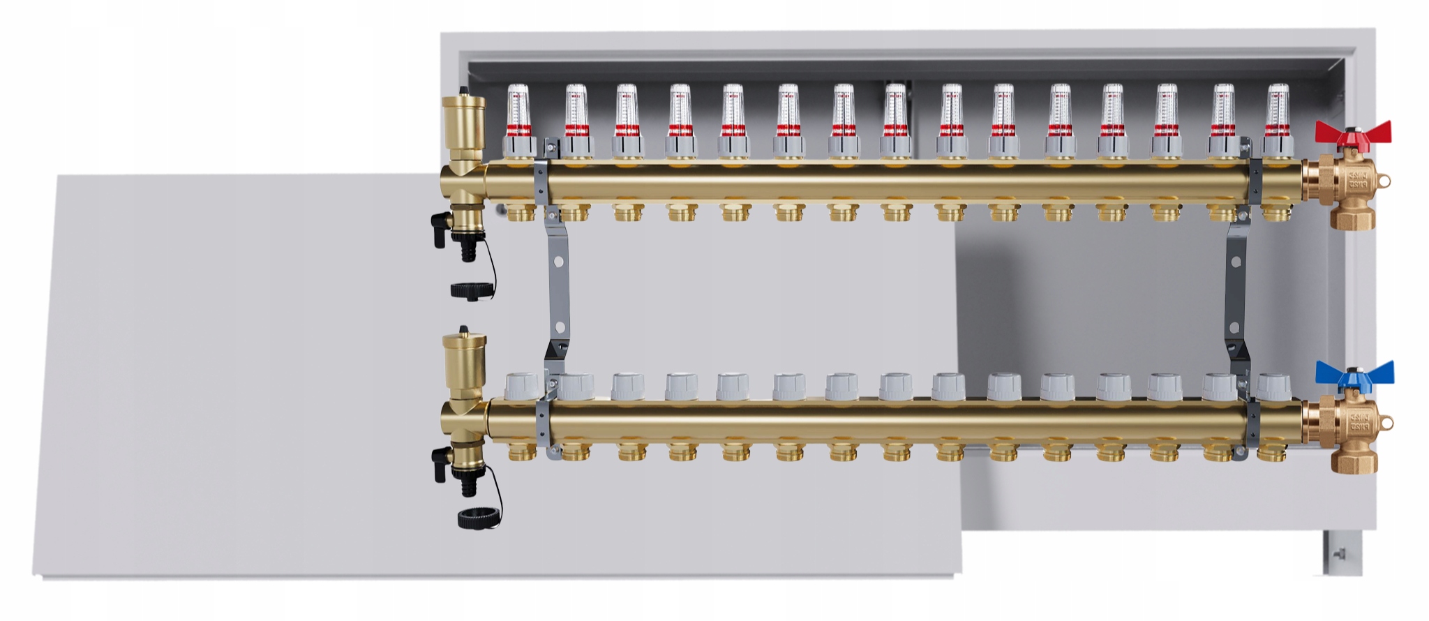 Rozdělovač podlahových krytin mosazný 15 okruhů Podomítková skříň 2 ventily