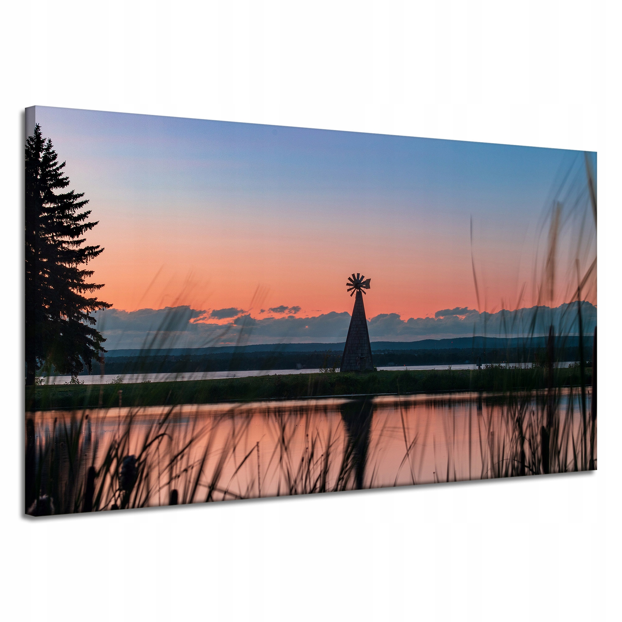 Obraz na plátně Větrný mlýn Nebe Příroda Západ Slunce Jezero Tráva 120x70