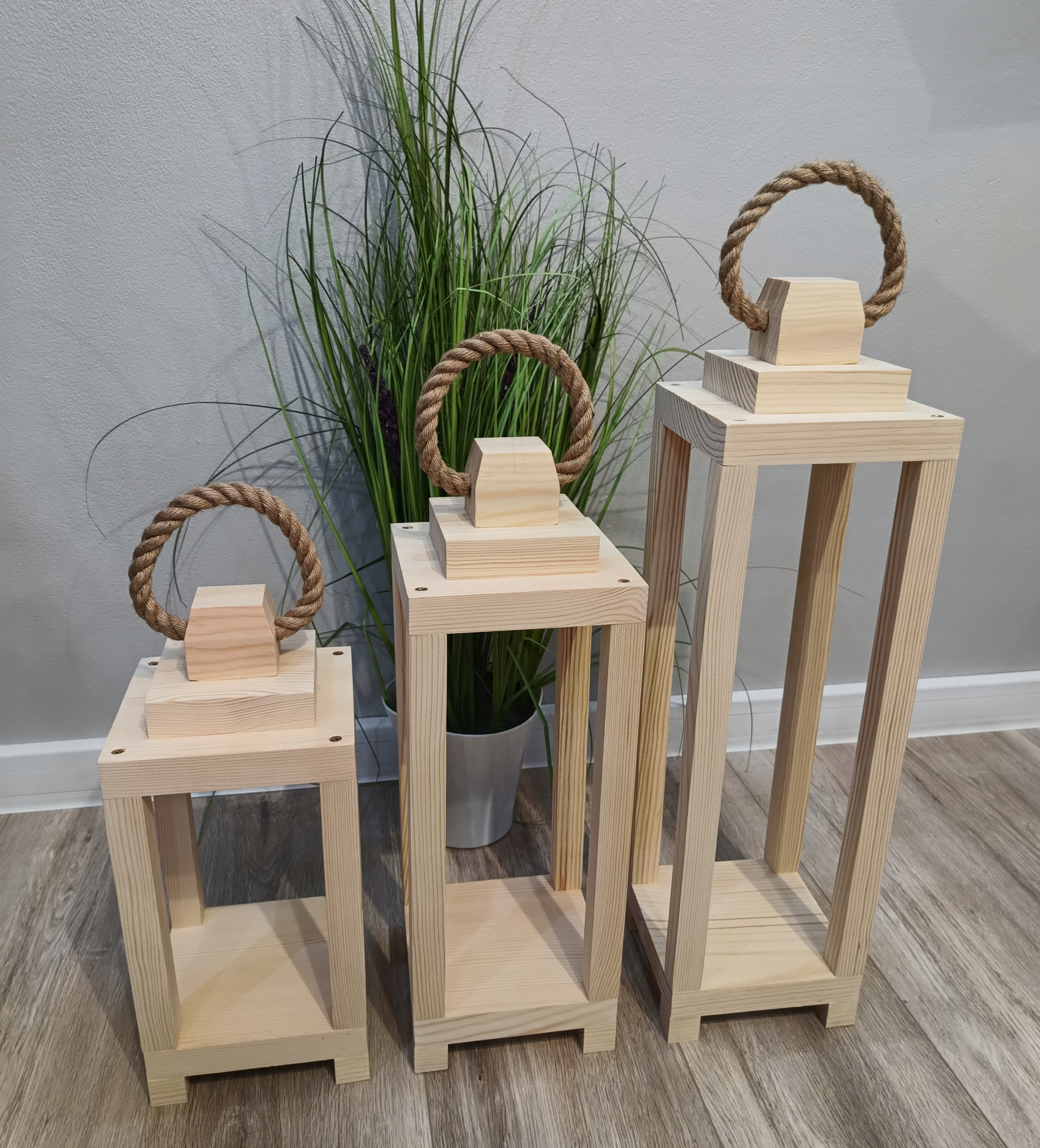Lampiony drewniane naturalne 55/45/35 cm dekoracyjne na taras balkon ogrod