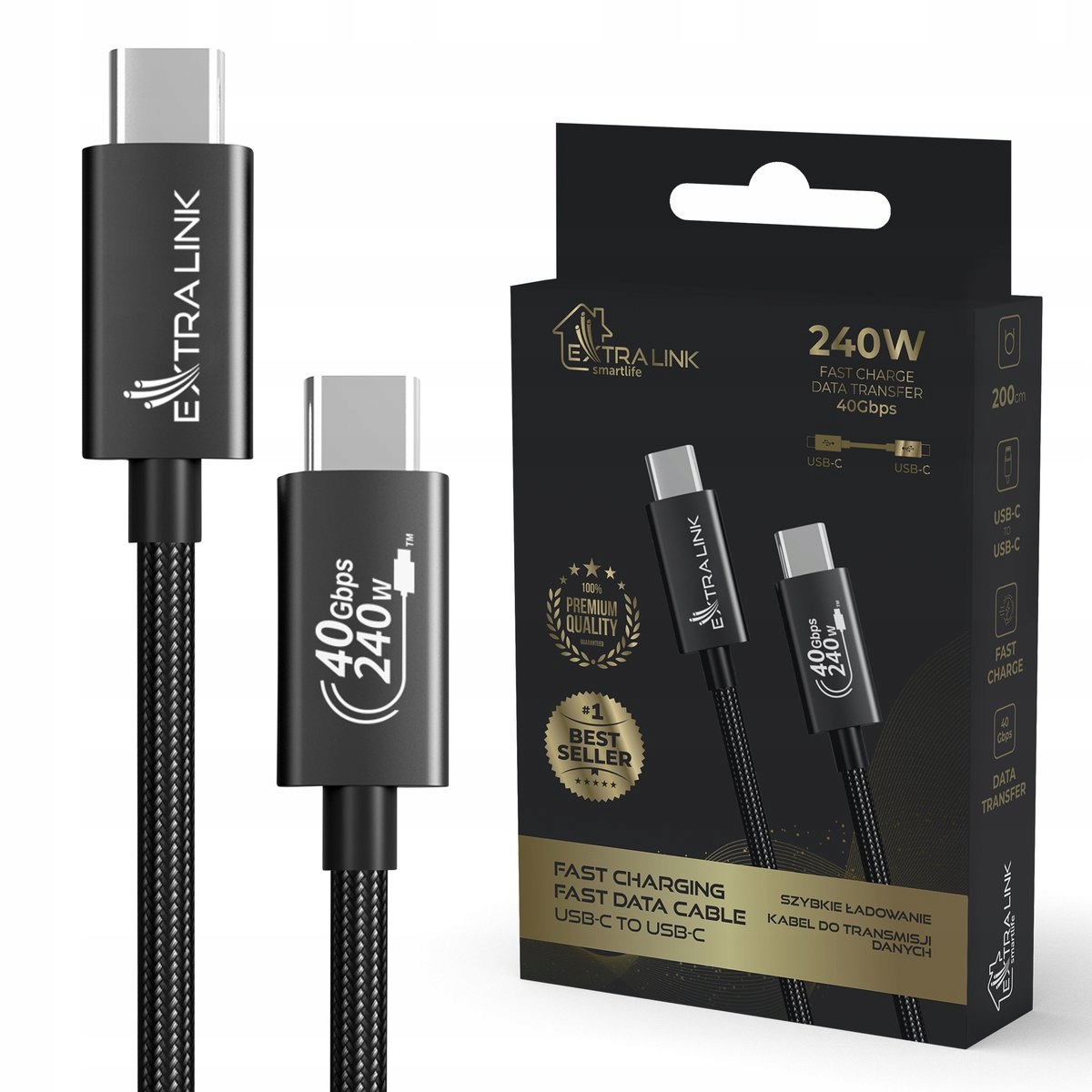 Extralink Smart Life Usb Type-C to Type-C Cable Braided Černý Usb kabel