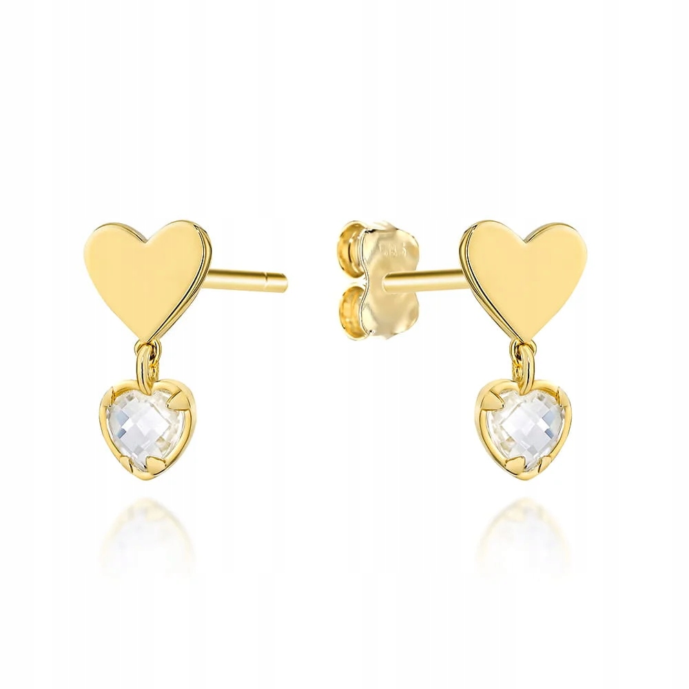 Náušnice zlaté 585 srdíčka na tyči visící kamenem ve zlaté vazbě