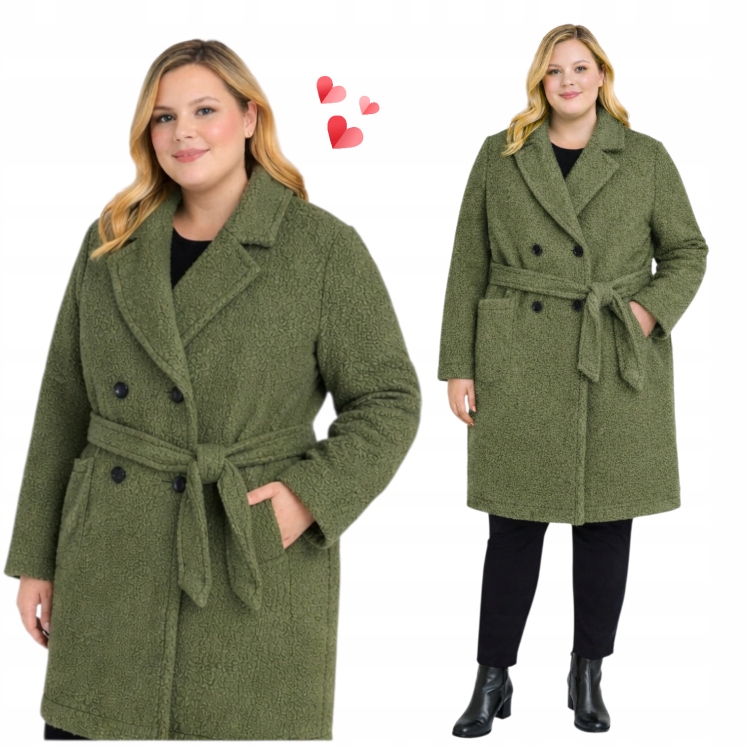Płaszcz damski bukla teddy Dwurzędowy ciepły z paskiem khaki 52 54 6XL 7XL