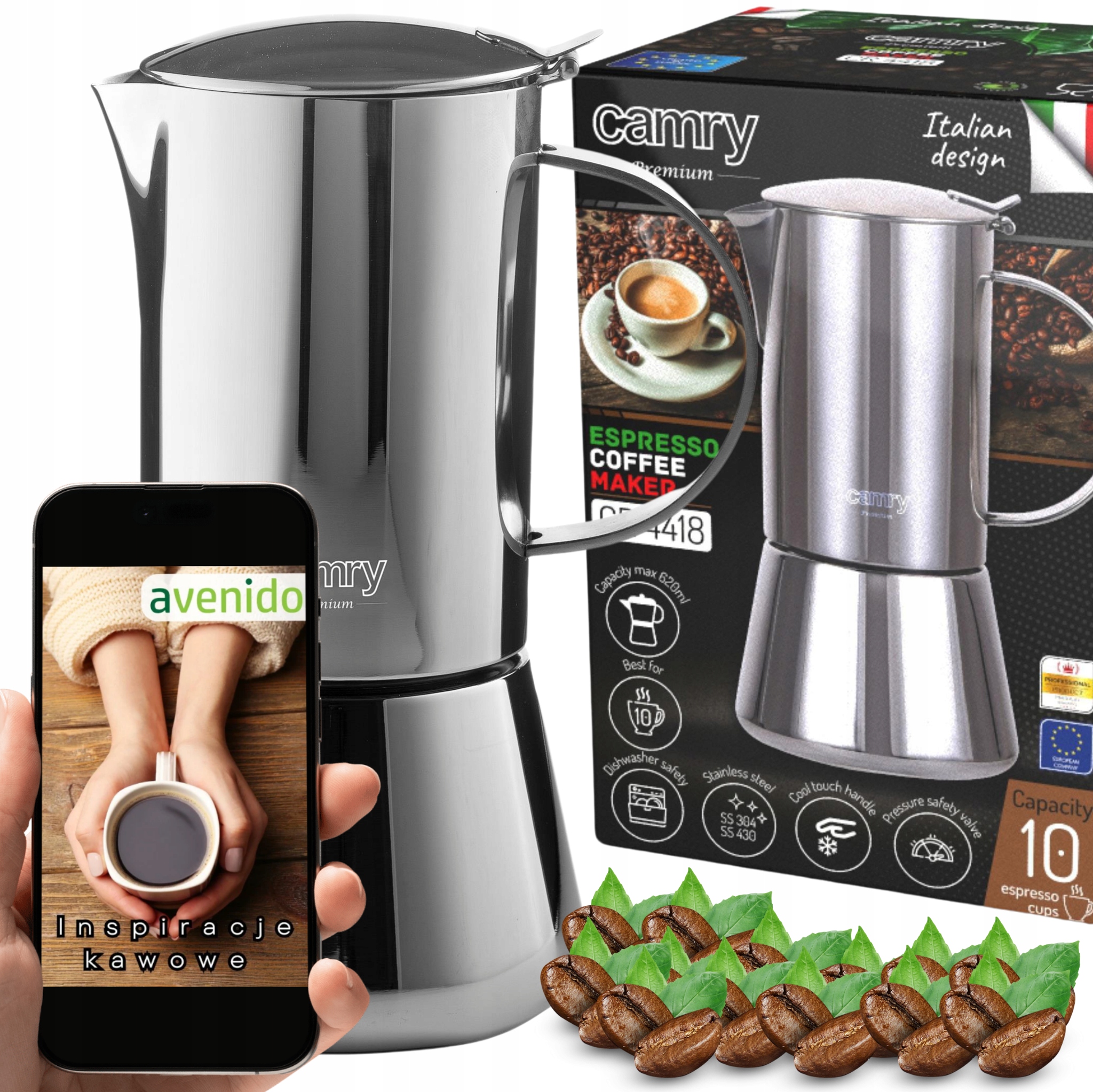 Kávovar Na Kávu Espresso Funguje na indukci Ocelový plyn 500 ml