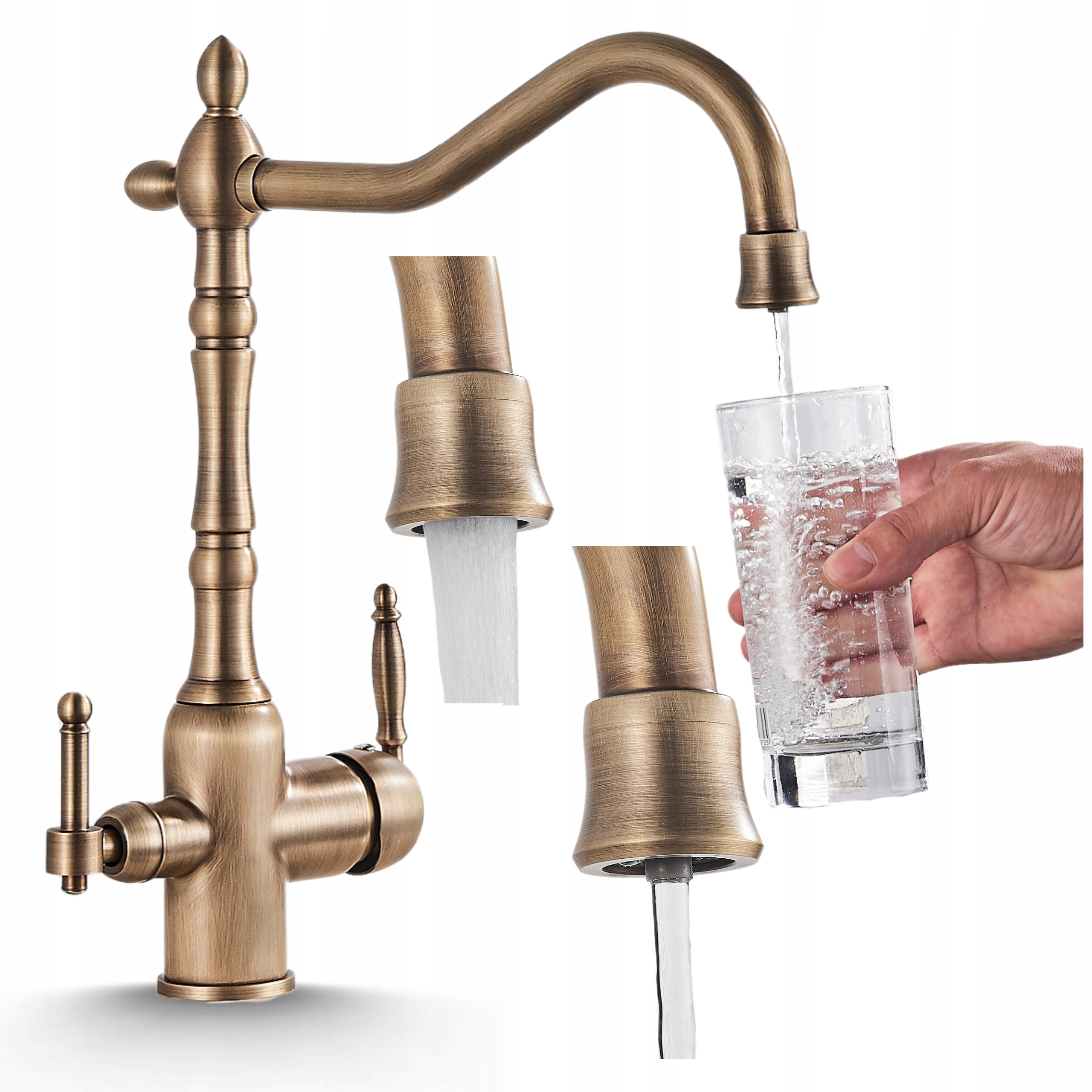 Trojcestná Kuchynská Bateria s otočným výtokom Perlátorom Mosadz Zlatá