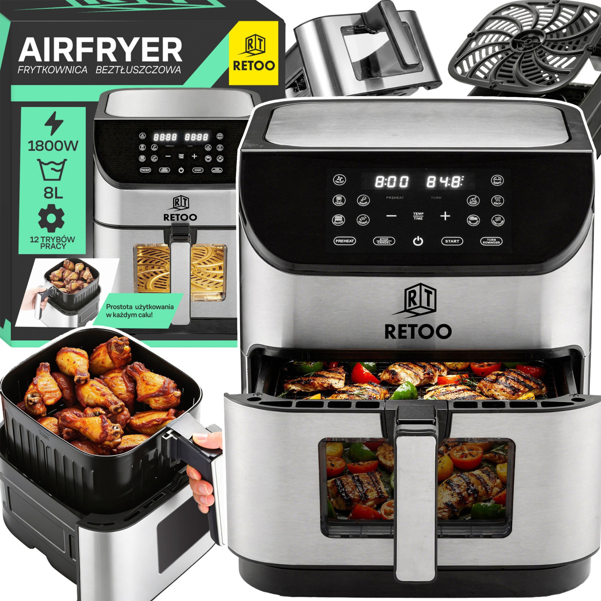 Horkovzdušná Fritéza Air Fryer Fritéza Velká Miska 8L XXL Výkonná 1800W