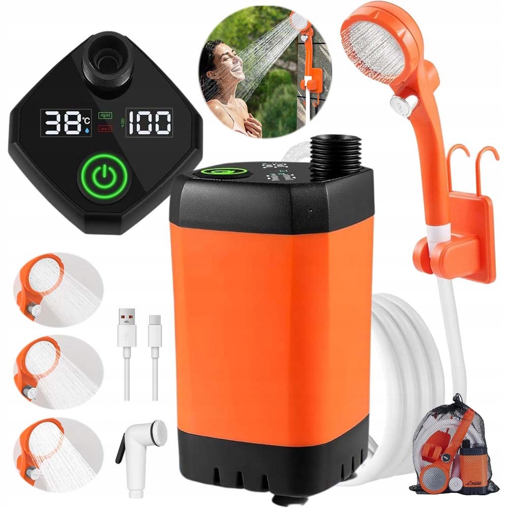 Přenosná Turistická Sprcha S Elektrickou Pumpou, LCD, Usb Taška 6000 Mah
