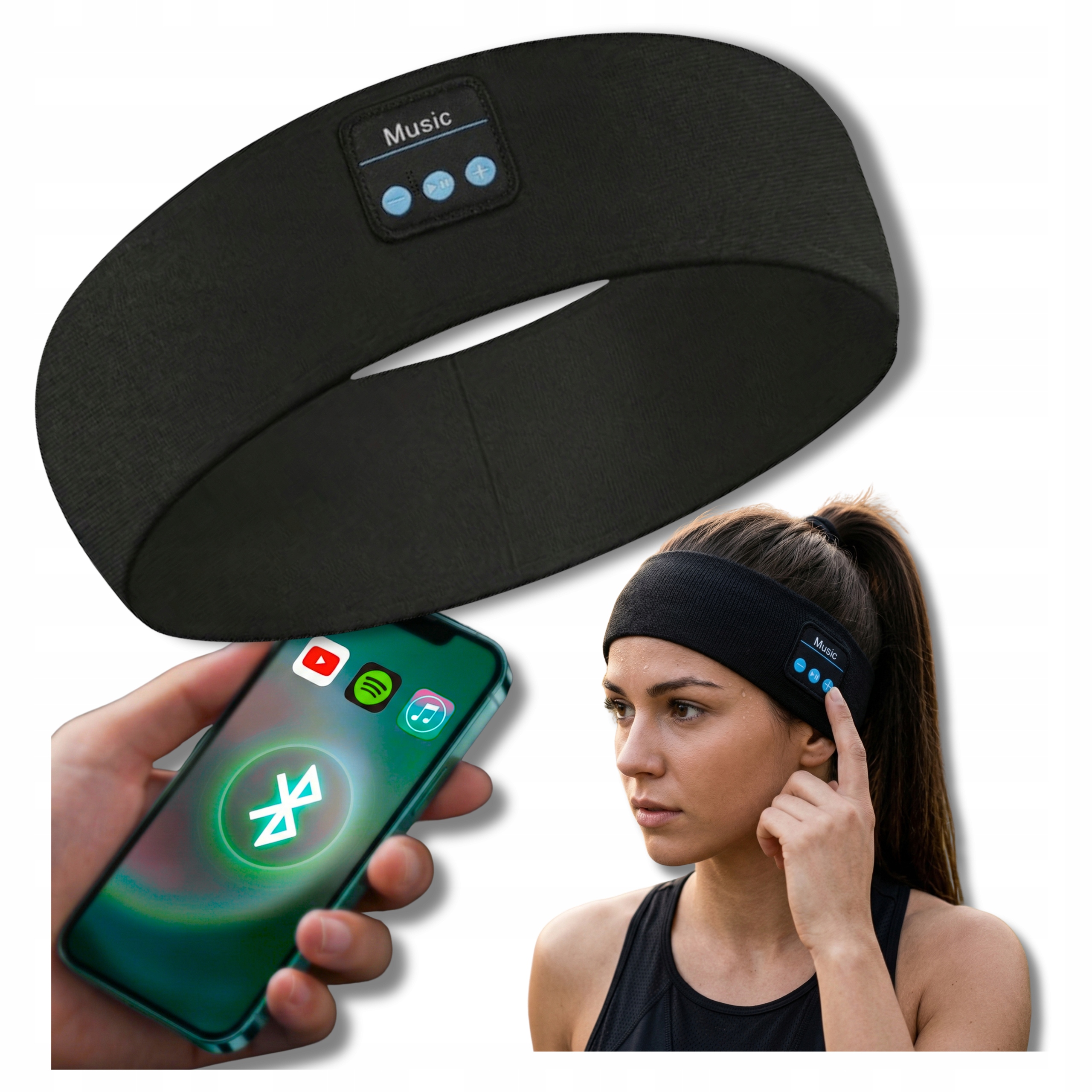 Opaska Ze Słuchawkami Sportowa Mikrofon Bluetooth 5.3 Do Spania Czarna