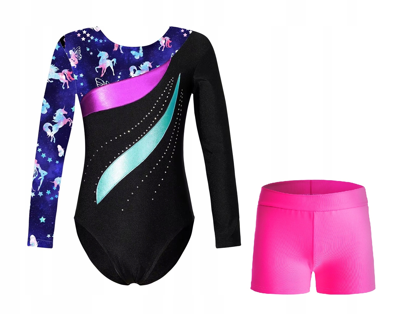 Baletní Gymnastické Body S Zirkony V Jednorožci Kraťasy Vel. 120