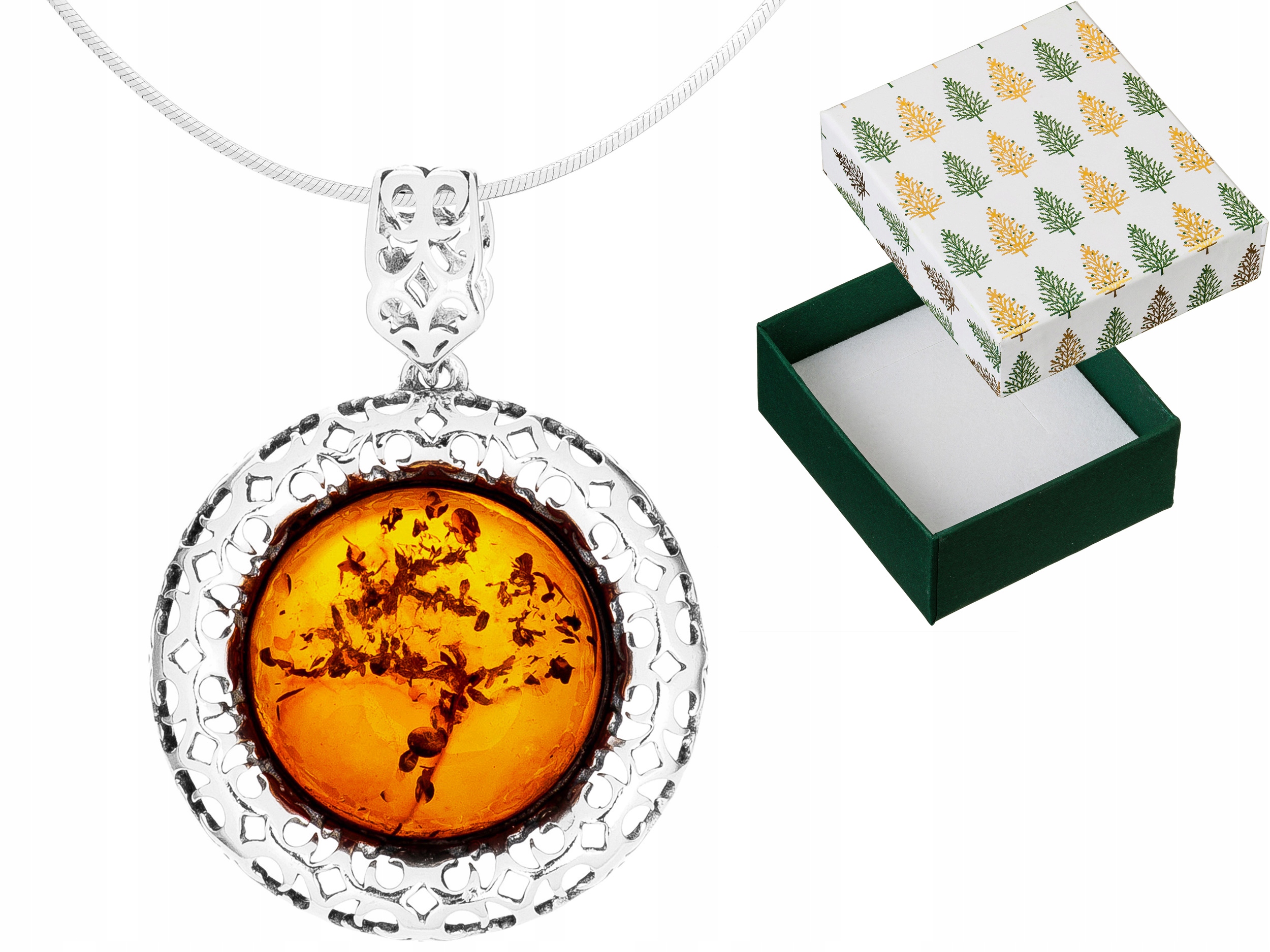 Stříbrný Kulatý náhrdelník s jantarem, ažurový kruh, nádherný jantar, 35 cm