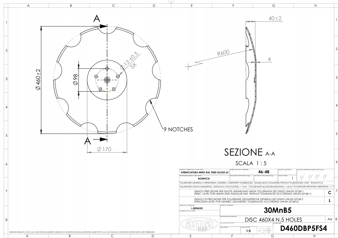 Talíř pro talířový agregát, ozubený, 460 mm, 5x98 Skf, tloušťka 4 mm D460D