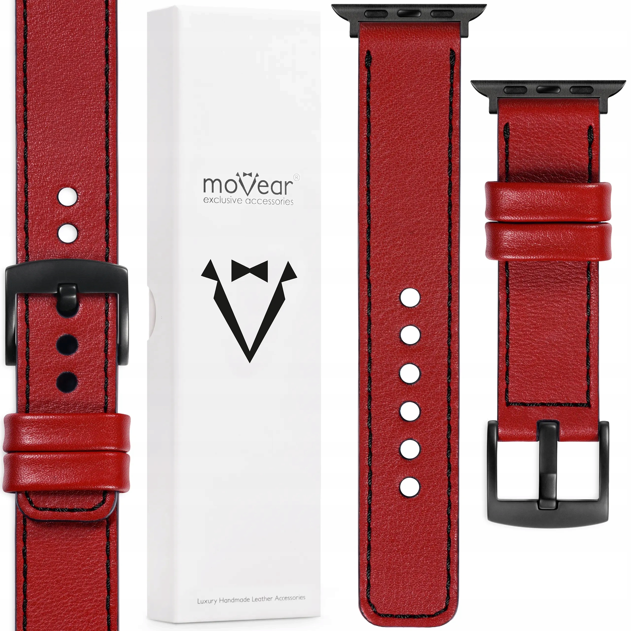 Kožený řemínek pro Apple Watch 42/41/40/38 mm Handmade Červený Movear