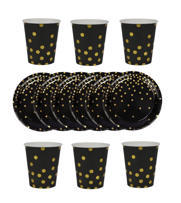 

Zestaw Urodzinowe Kubeczki Talerzyki Czarne Złote