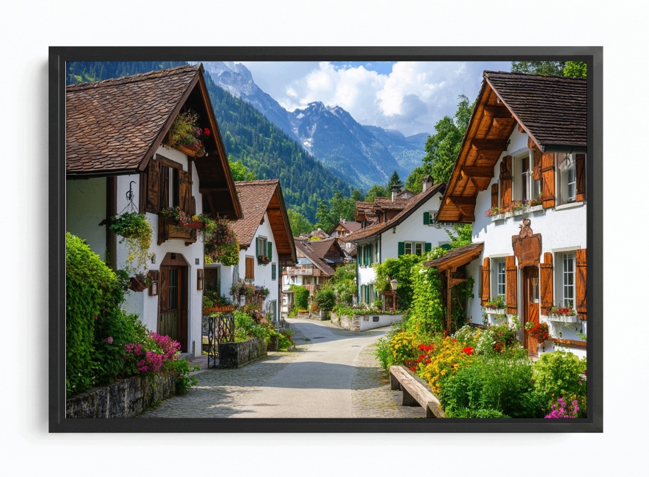 Obraz Rám Americký Box Pohled Krajina Pohlednice Alpy Městečko Hory 120x80