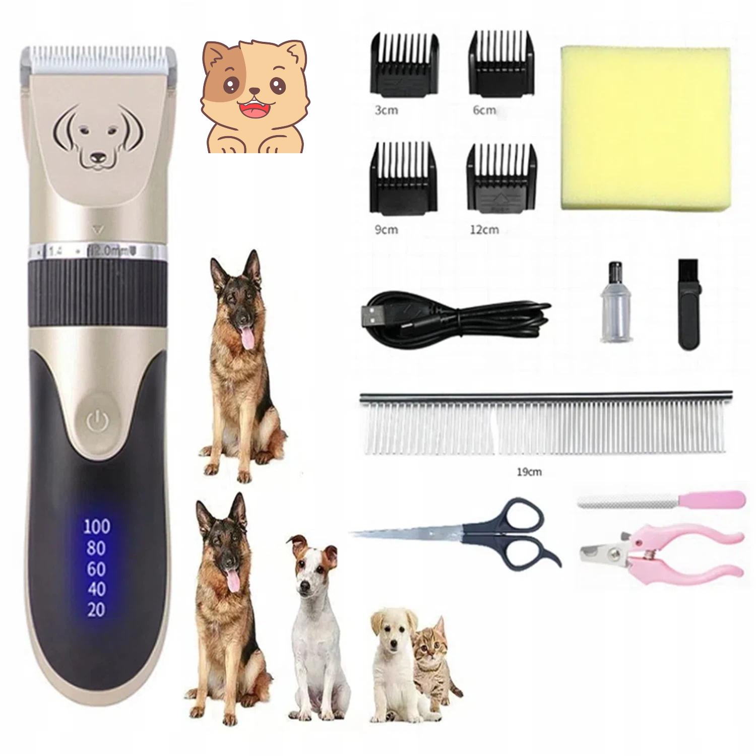 Levně Bezdrátový Zastřihovač Psů 4 Nástavce Usb 3-12 MM Nabíjení