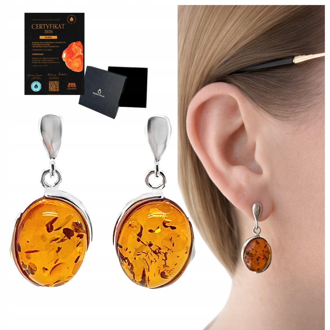 Stříbrné náušnice s Jantarem, jemné šroubky, Koňakový stříbro 925