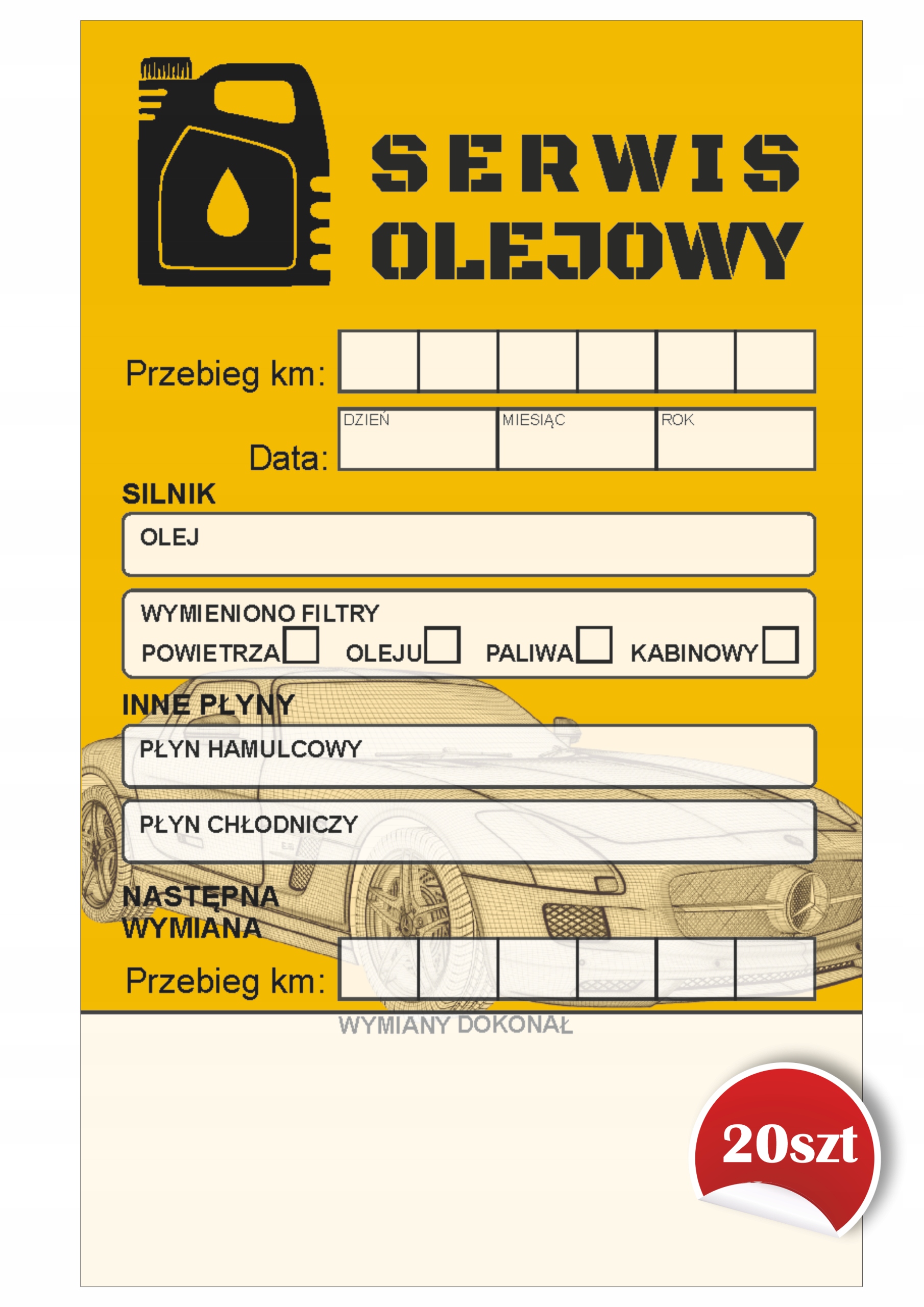 Naklejki serwisowe 20szt wymiana oleju naklejka serwis żółta