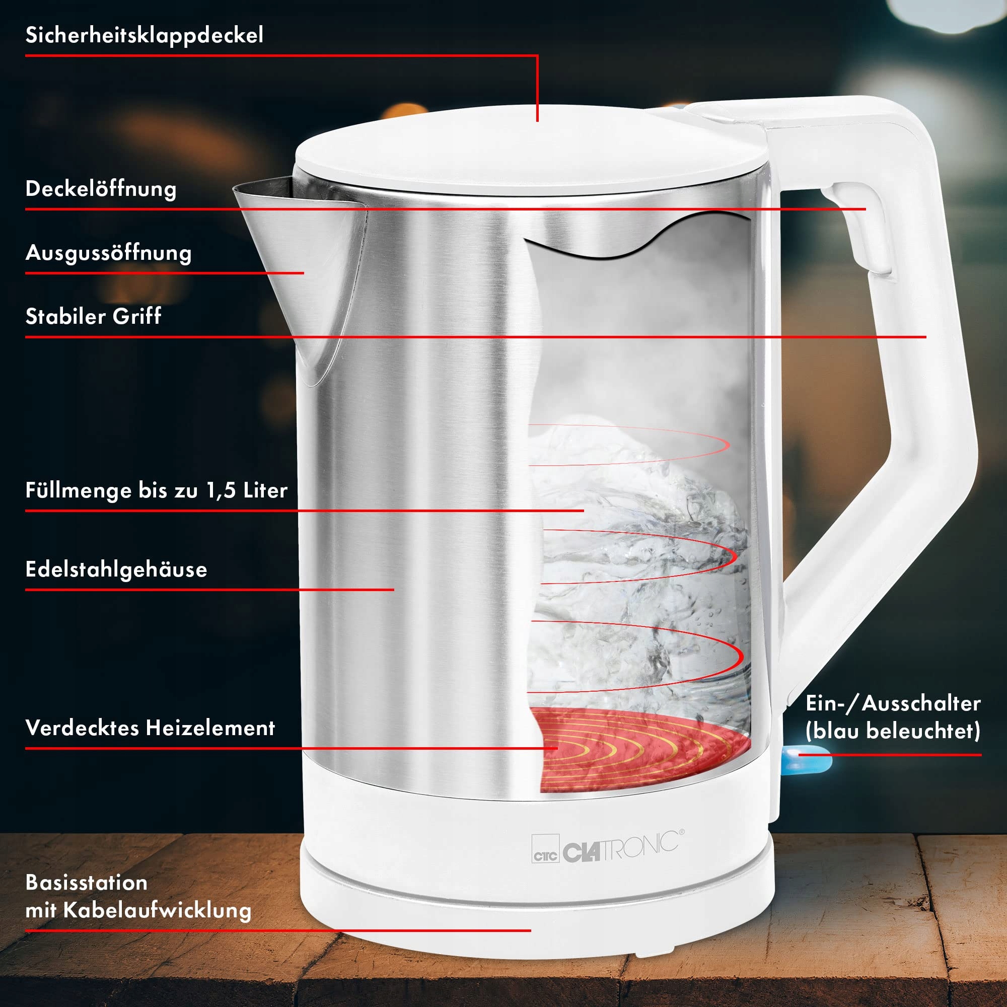 CLATRONIC Czajnik Elektryczny 1.5L 2200W Automatyczne Wyłączanie Biały Inox — miniatura 5
