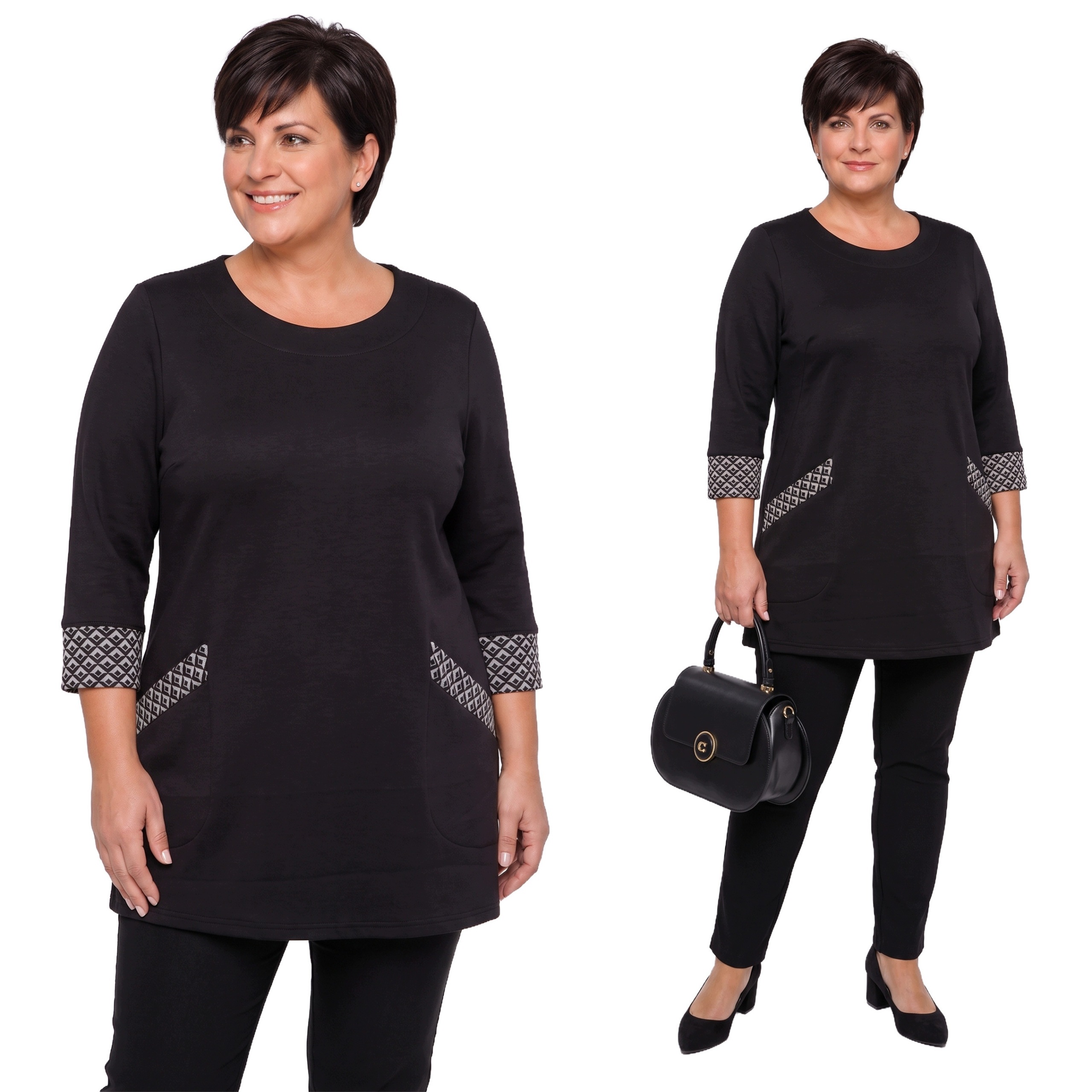 Černá tunika s geometrickými vzory plus size velikost 60