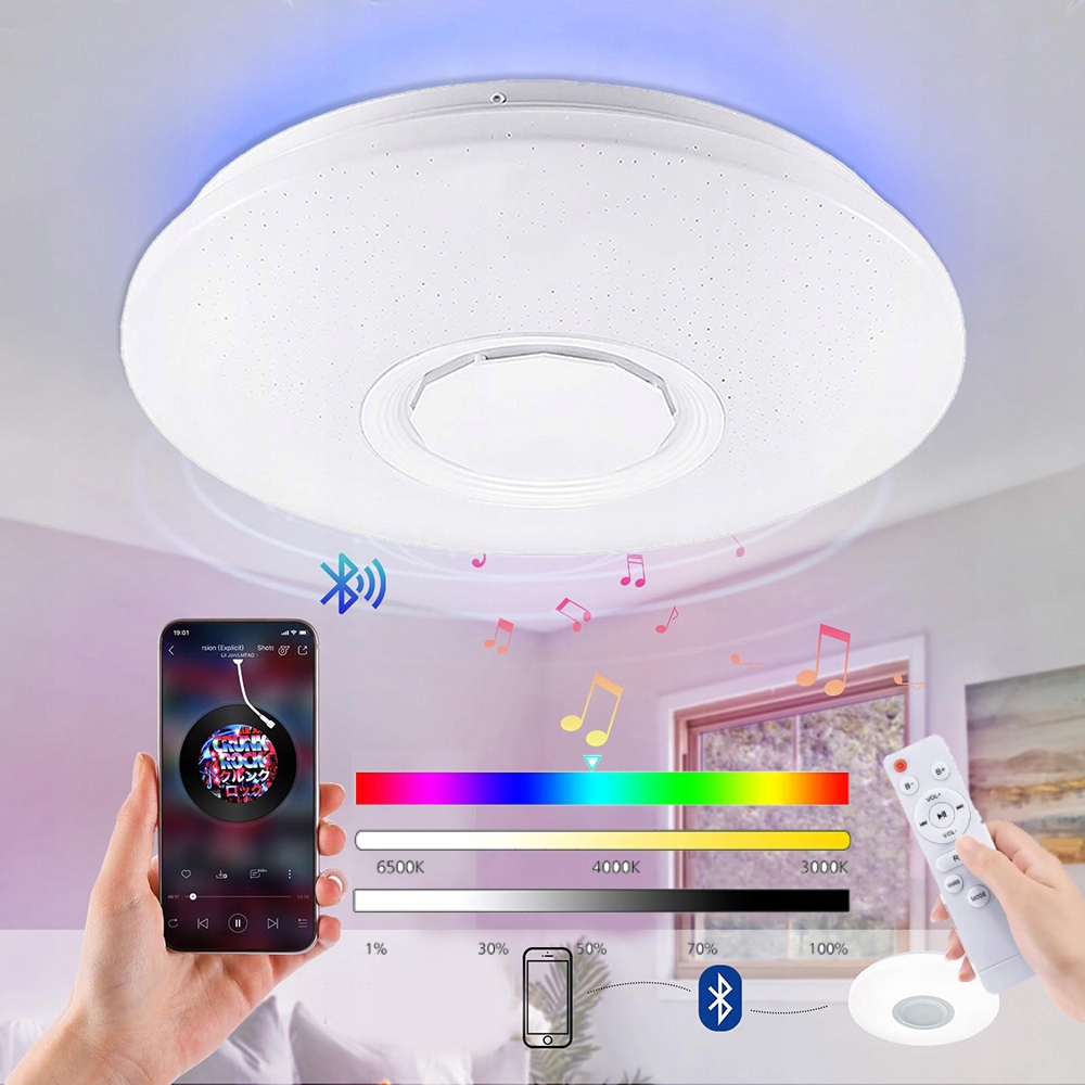 Stropní Svítidlo Rgb S Bluetooth Led Reproduktorem 60 W S Dálkovým Ovládáním Aplikací App