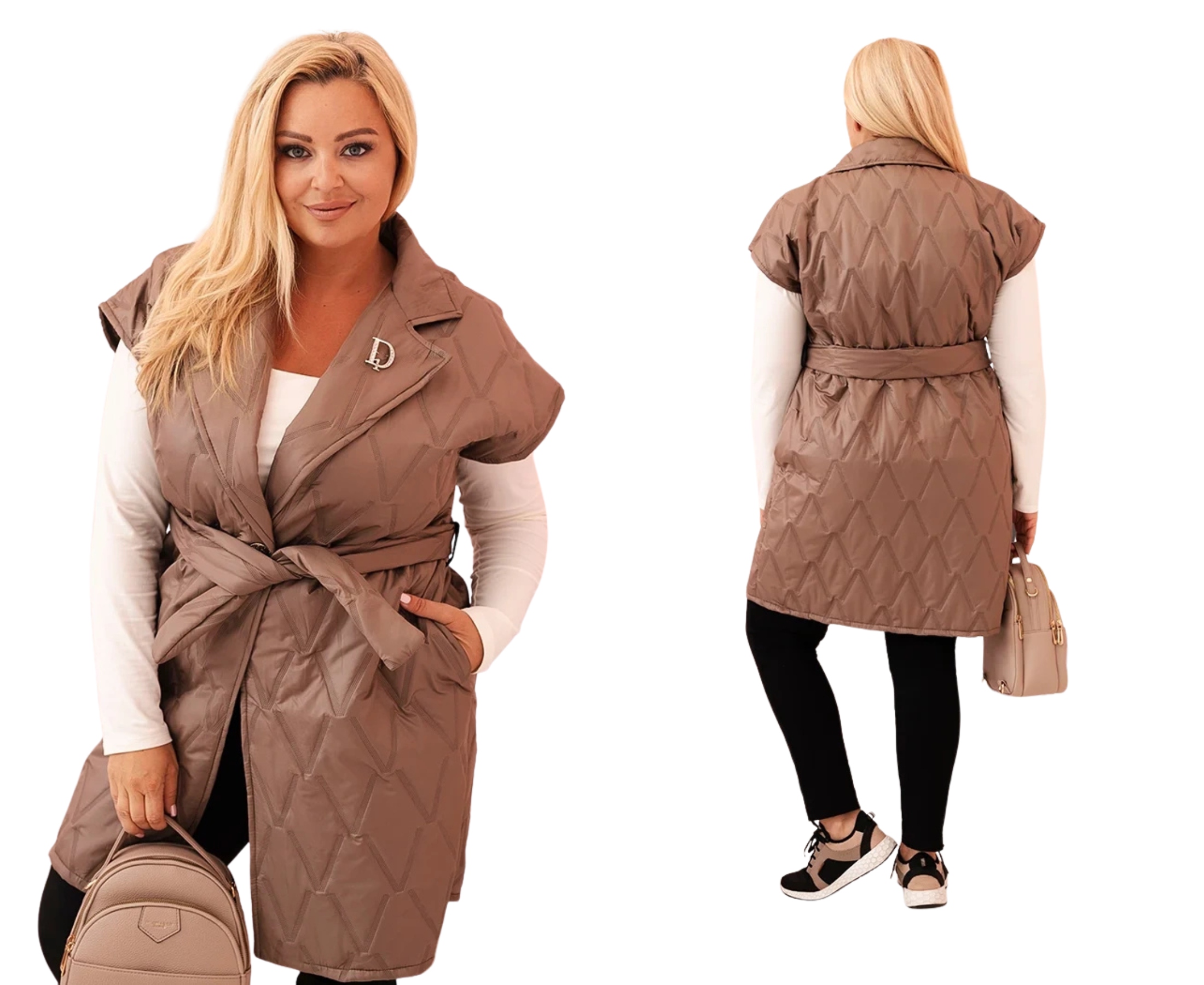 Fango dámská vesta Plus Size je elegantní prošívaná s páskem
