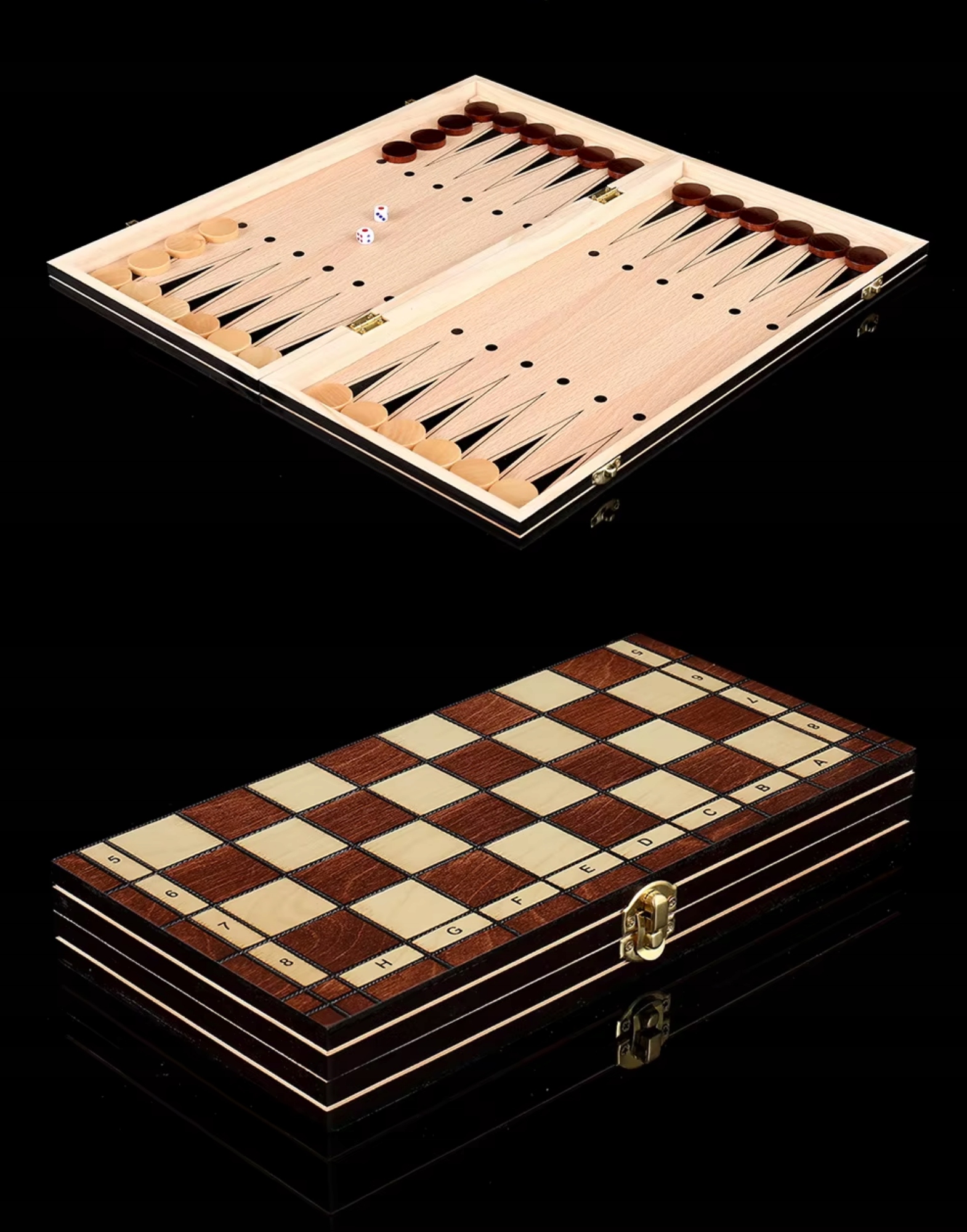 Szachy drewniane 3w1 RegMag – warcaby i tryktrak, plansza 34 × 34 cm – Zawartość zestawu