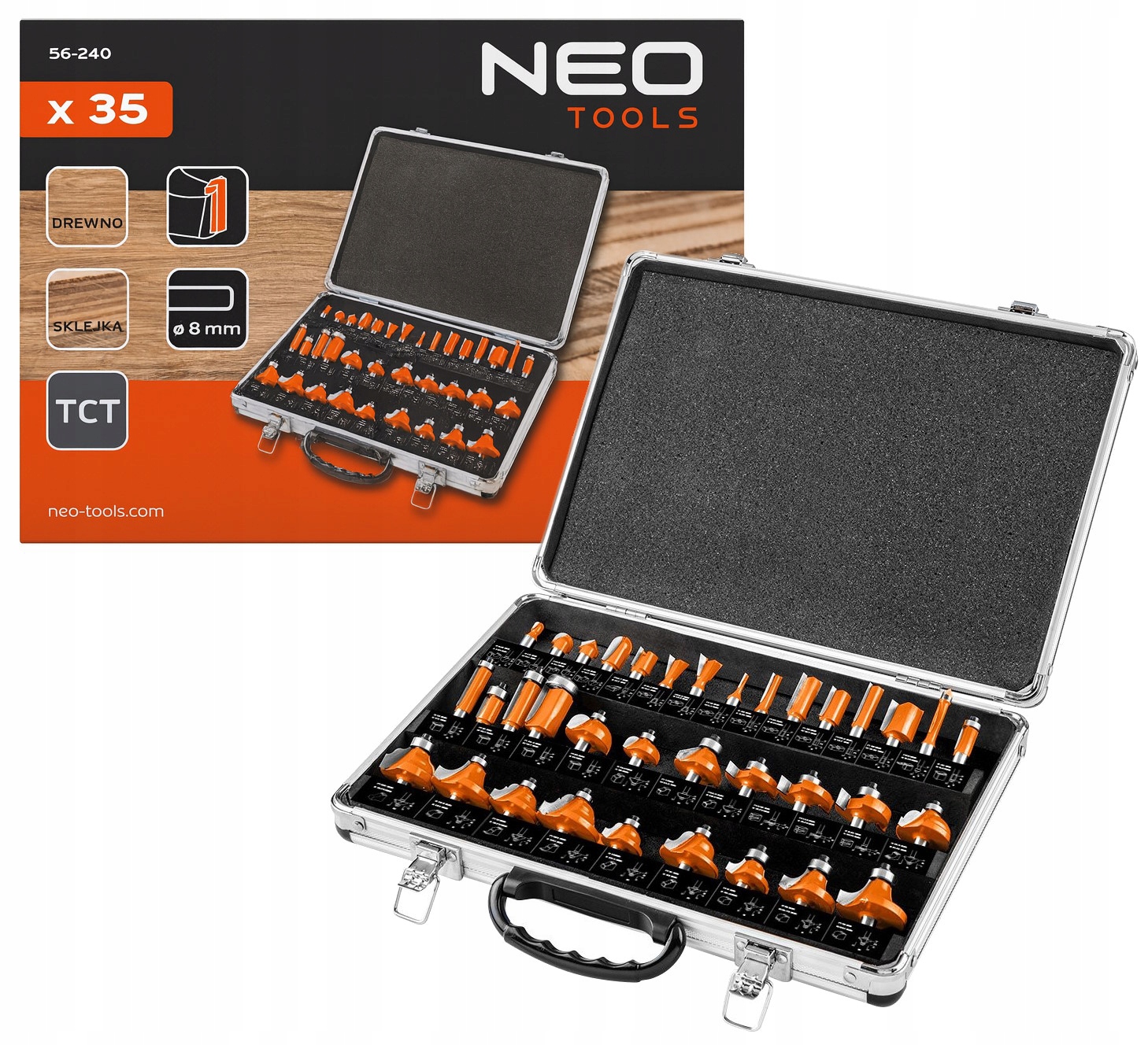 Sada Tct fréz na dřevo 8 mm 35 ks v kufříku Neo