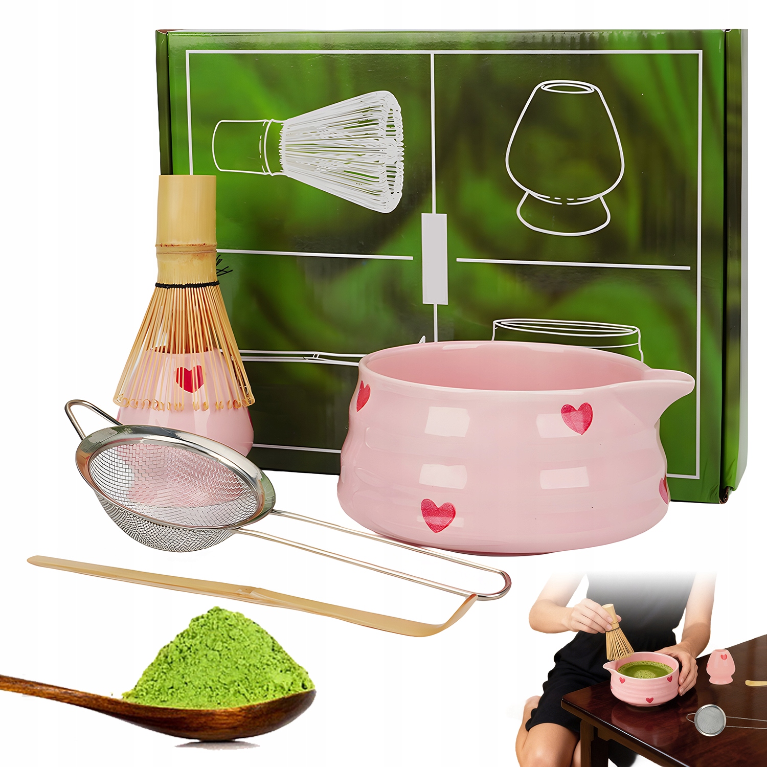 Levně Bambusová Sada Na Výrobu Matchy Metla Lžička Sítko Miska Růžová