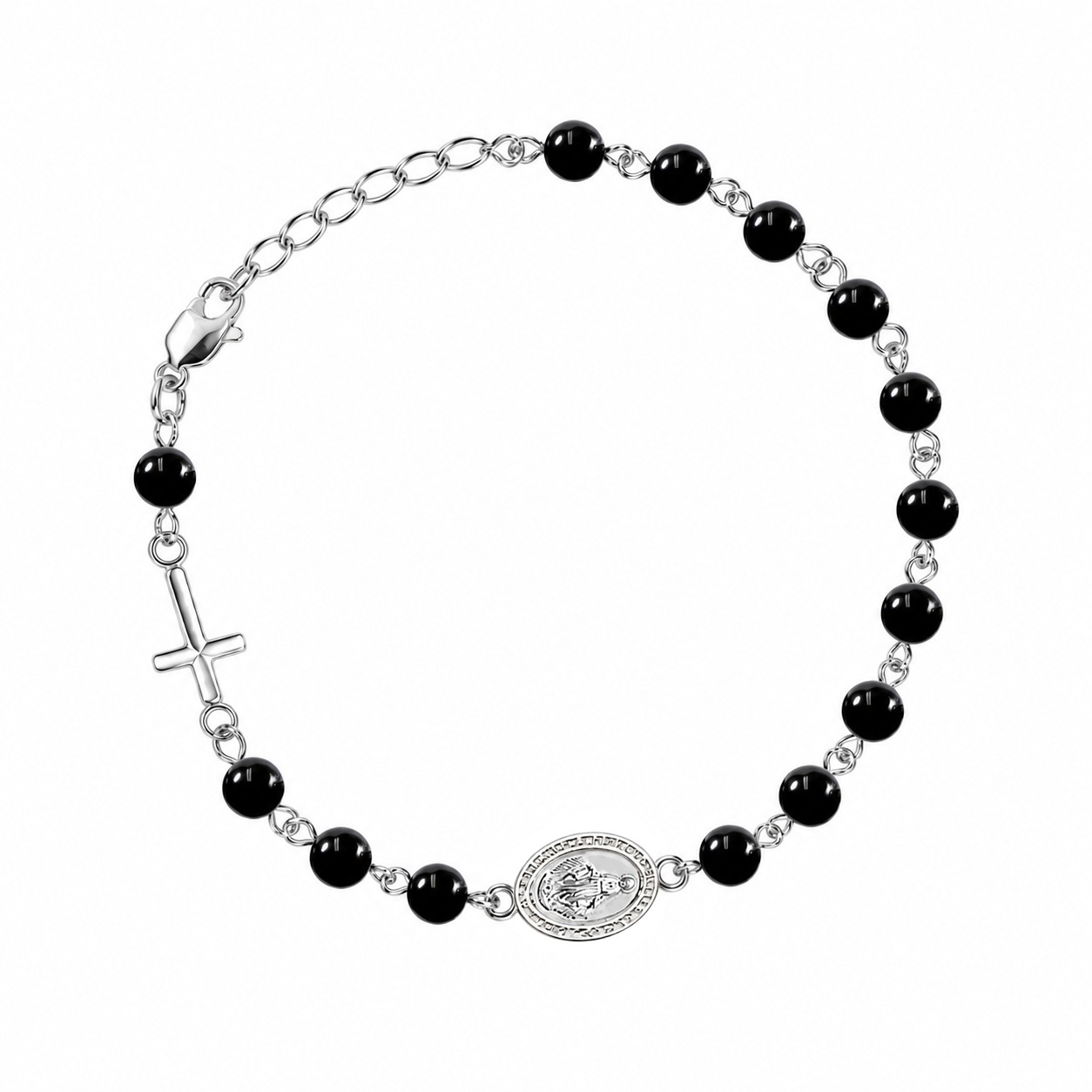 Stříbrný náramek křížek medailon s kuličkami onyx 4 mm růženec Ryzost 925