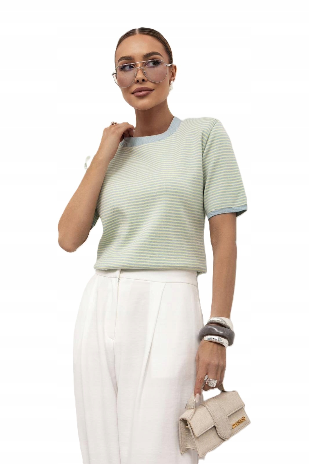 Bluzka sweterkowa niebiesko-żółta w paski krótki rękaw wiskoza Cocomore