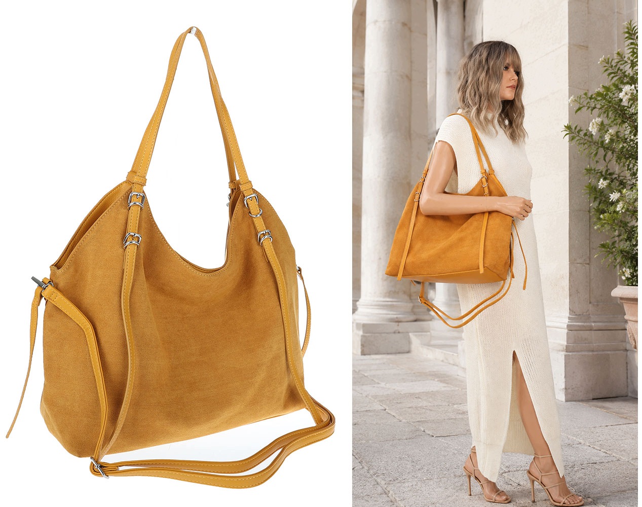 Dámská kabelka semišová shopper prostorná elegantní módní 638C Hořčicová