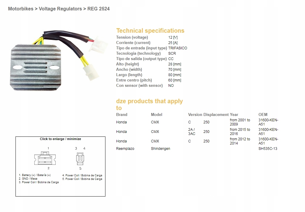 Dze Regulátor Napätia Honda CMX250C '01-'14 (31600-KEN-A51) (SH535C-13) (e