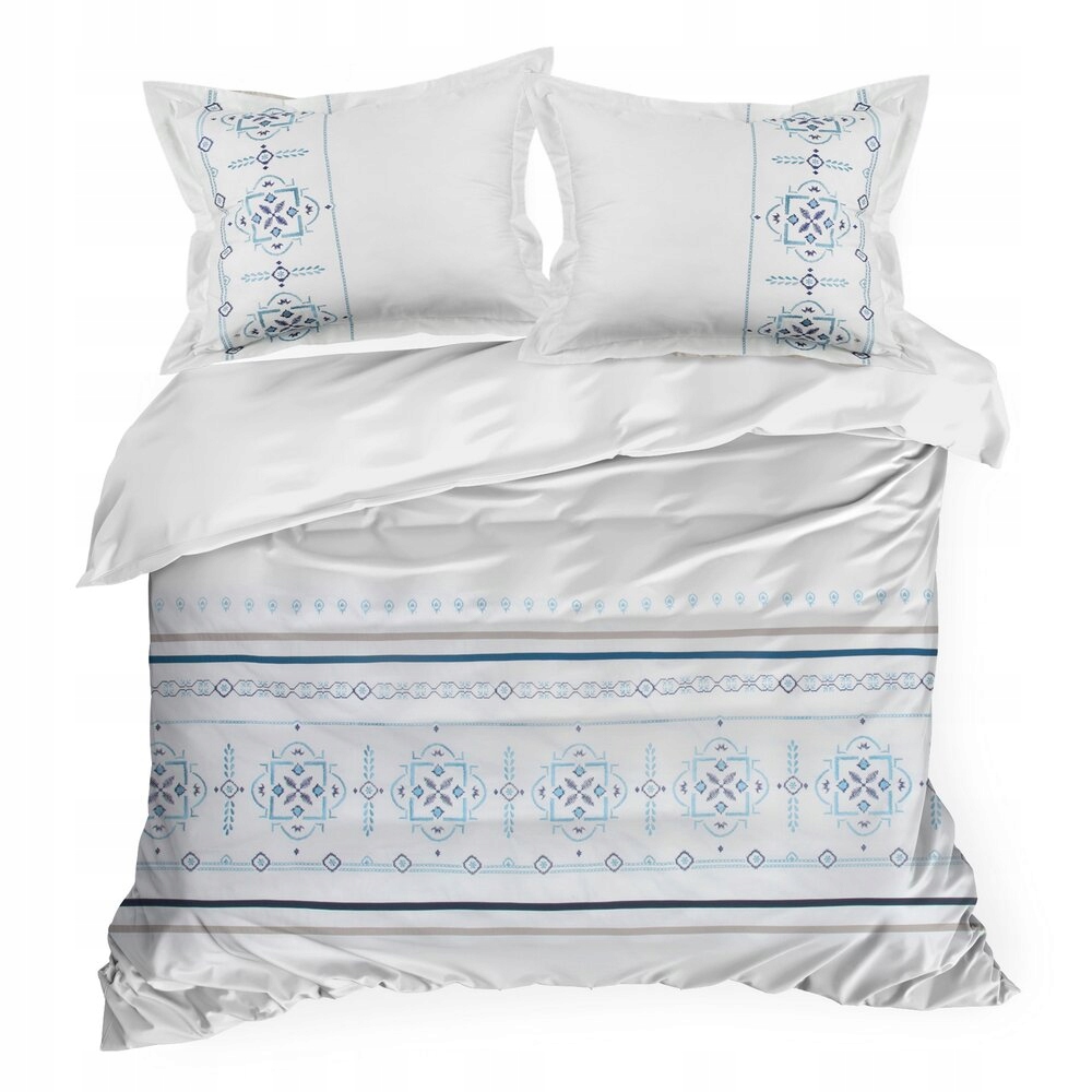 Posteľná Bielizeň saténová Haft Eurofirany 160x200 biela modrá geometrická výšivka