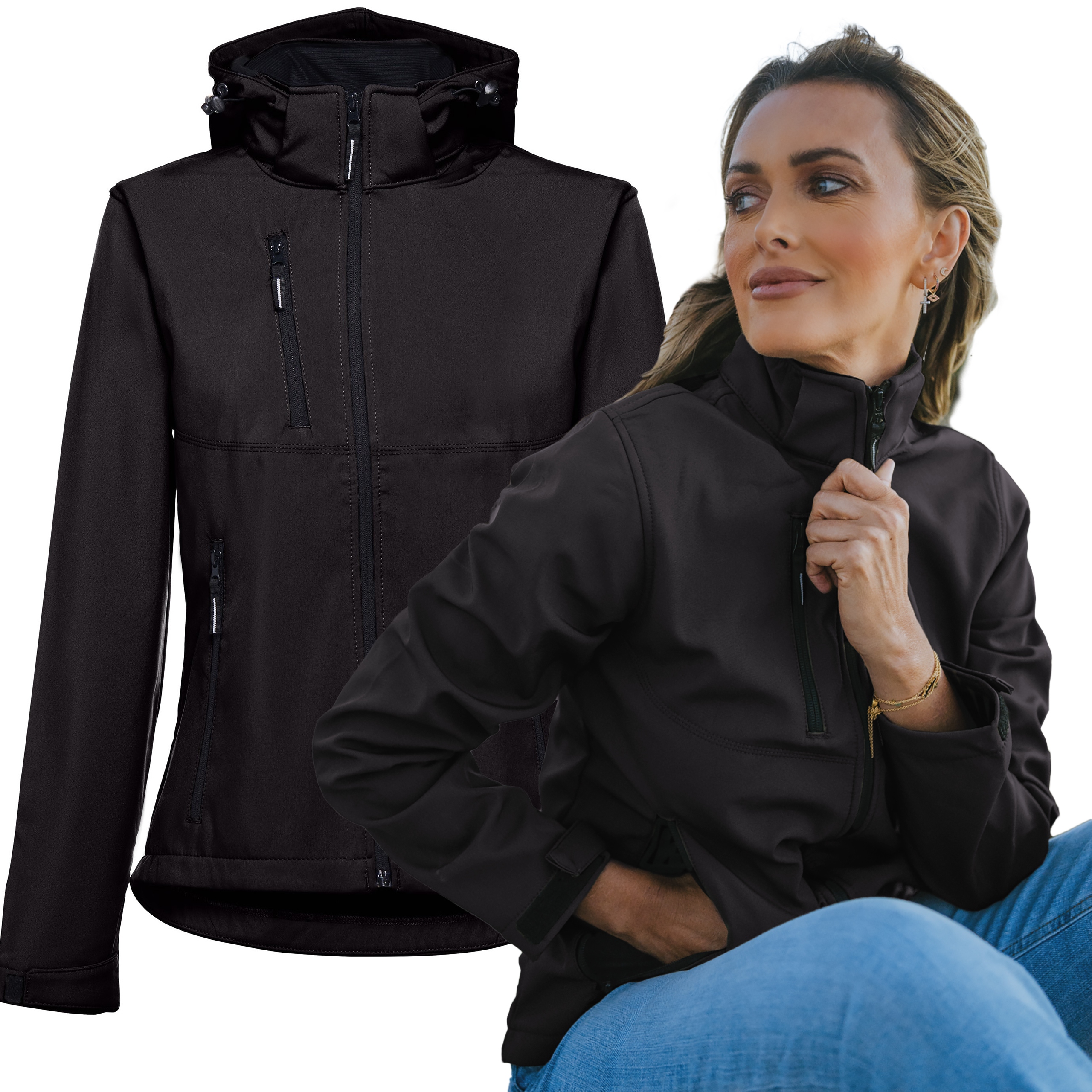 Dámská nepromokavá bunda Softshell s fleecem, odnímatelná kapuce, černá, M