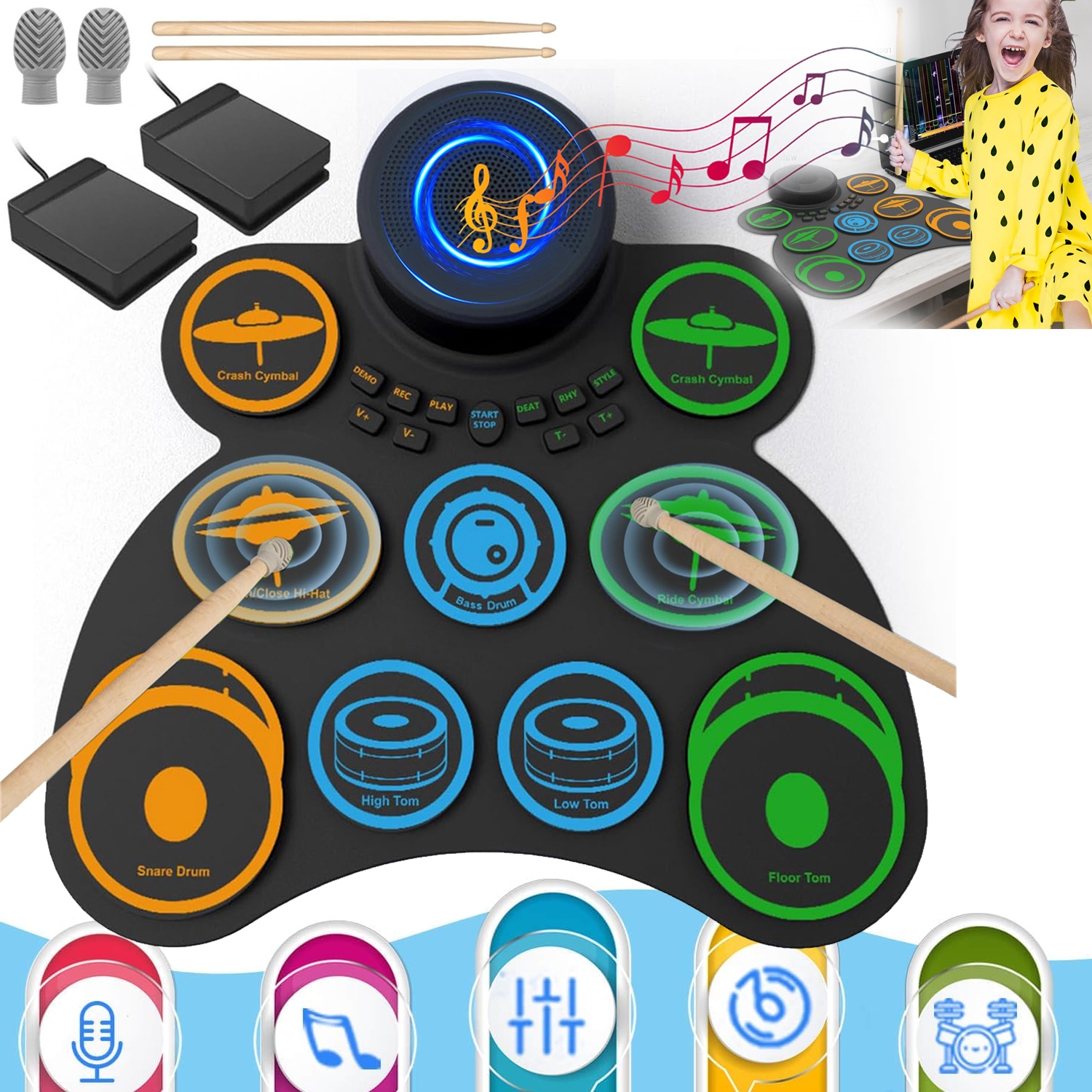 ZWIJANA PERKUSJA ELEKTRONICZNA ROLL UP SKŁADANA PEDAŁY PAŁECZKI DZIECI