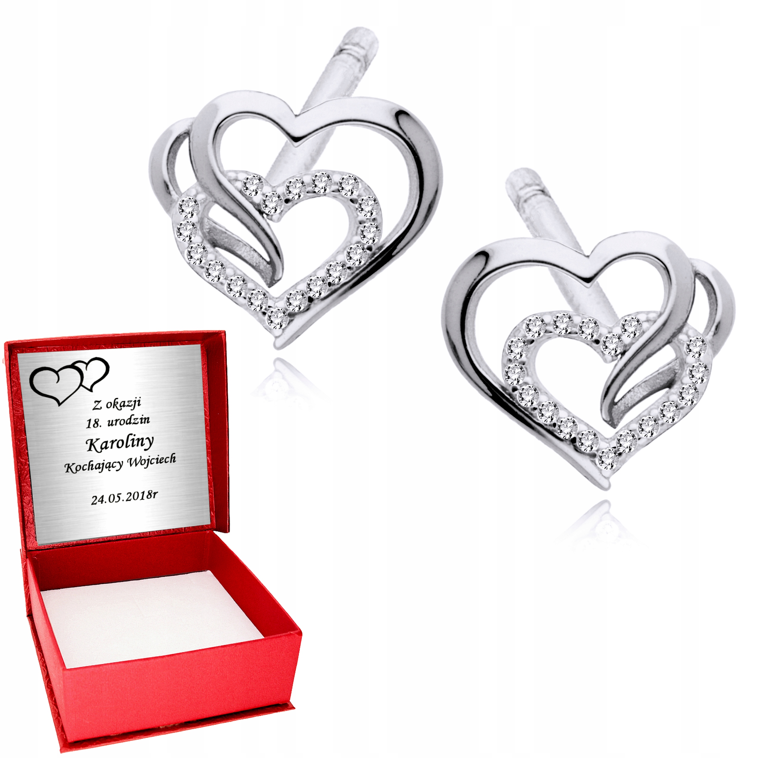 

Srebrne Kolczyki 925 Serca Serduszka Grawer