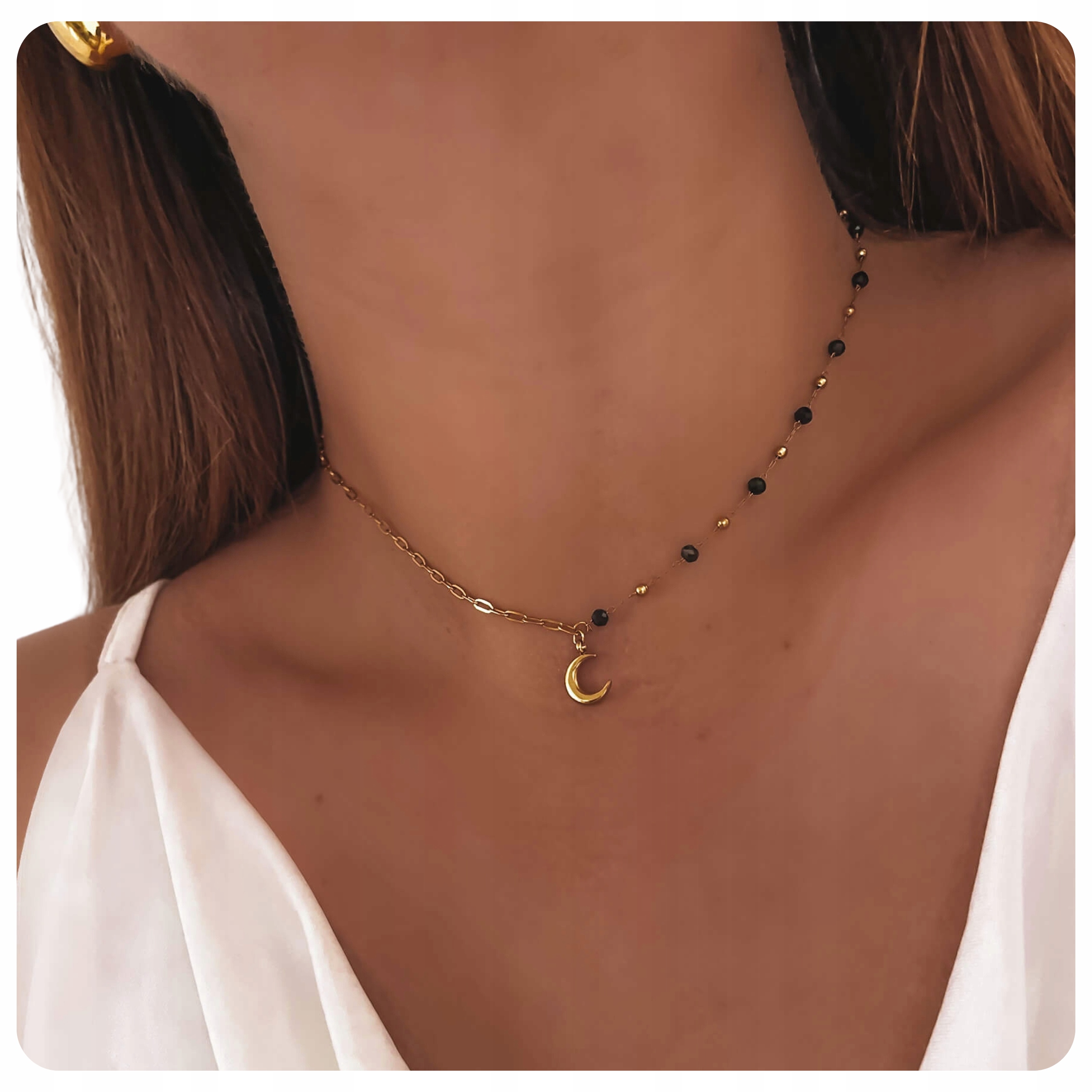 Naszyjnik stal chirurgiczna kolor złoty księżyc łańcuch koraliki