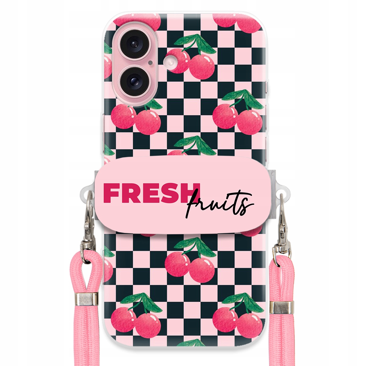 Puzdro pre iPHONE 16 Vodítko Pink Crossbody+ Funkčný držiak Fresh Fruits