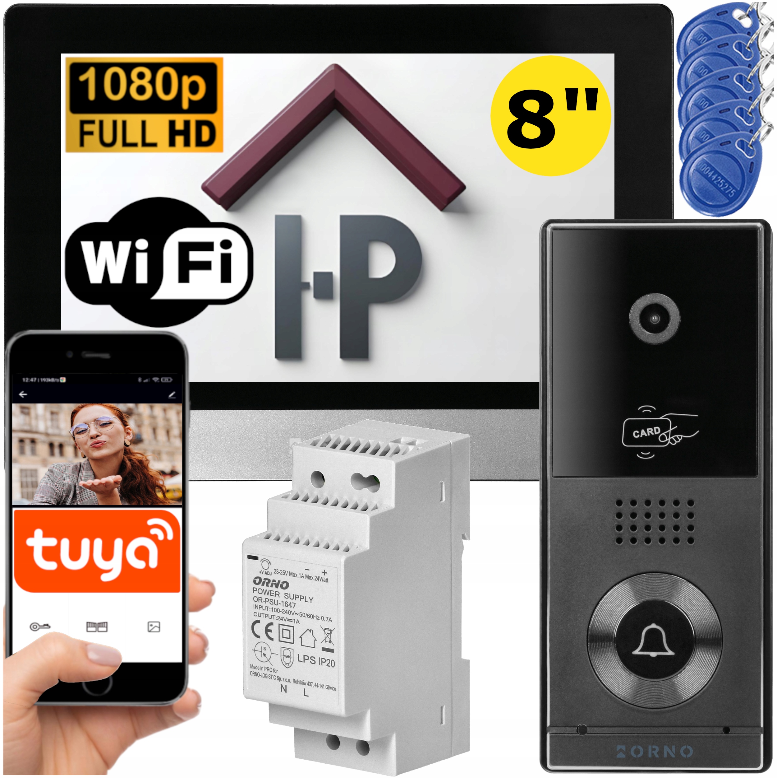 Wideodomofon Wifi Tuya 8" Full Hd 2-ŻYŁOWY Czytnik Rfid Zasilacz Na Szynę
