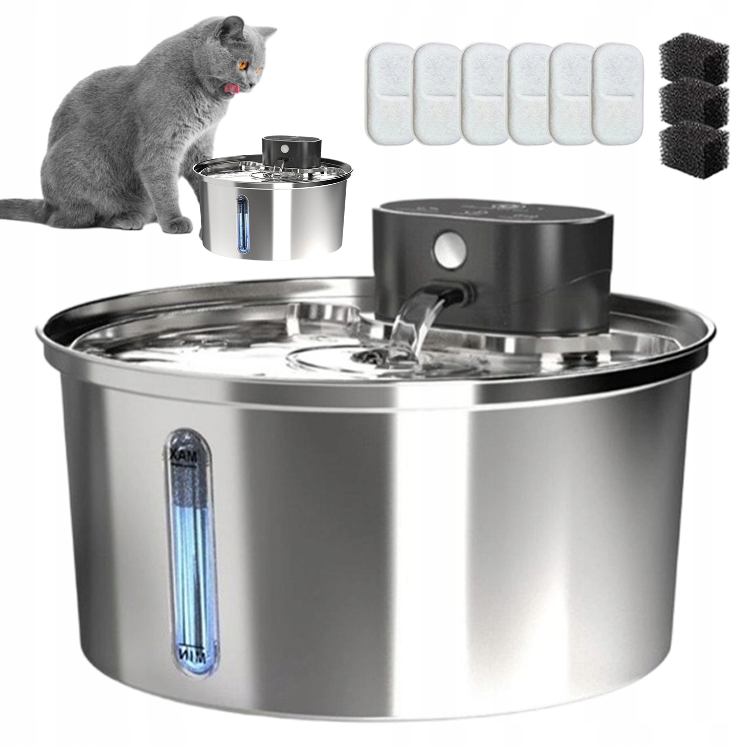 Fontána Napáječka Pro Kočky Psa 3.2L Bezdrátová Ocel Časovač Senzor Led