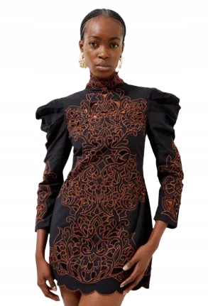 Karen Millen Černé Šaty MIDI S Pologolfem A Výšivkou Petite 36 B_e