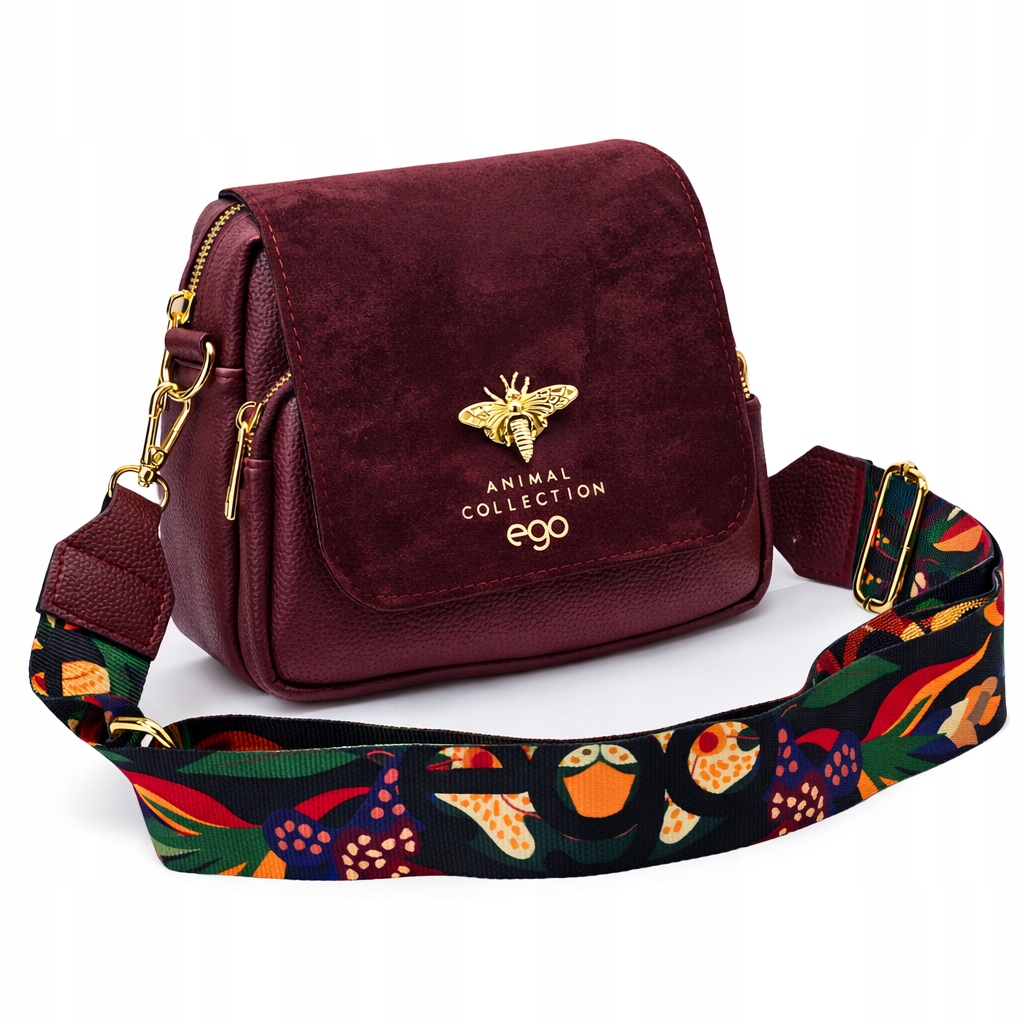 Torebka Damska Ego Listonoszka Na Ramię Bordowa Skóra Eko Zamsz Dwa Paski