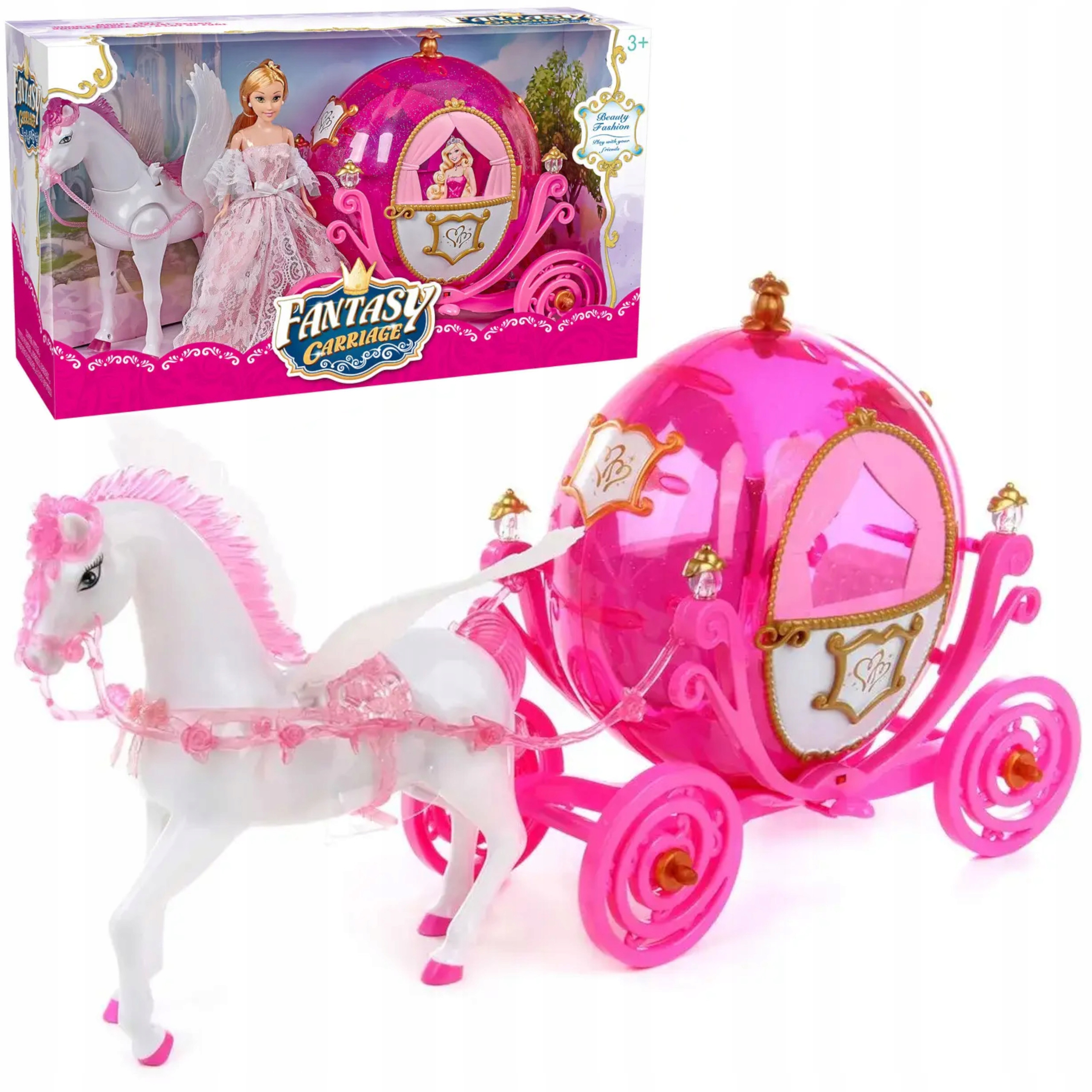 DUŻA KARETA LALKA CHODZĄCY KOŃ DŹWIĘKI ŚWIATŁA 315 Materiał guma plastik tkanina