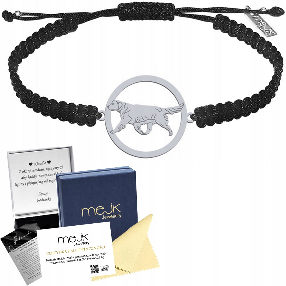 Stříbrný náramek se psem Zlatý retrívr 925 Makramé Gravírování Bonus