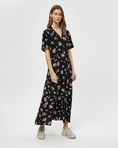 Minus Černé Šaty MIDI S Květinami A Límečkem 40 6FA