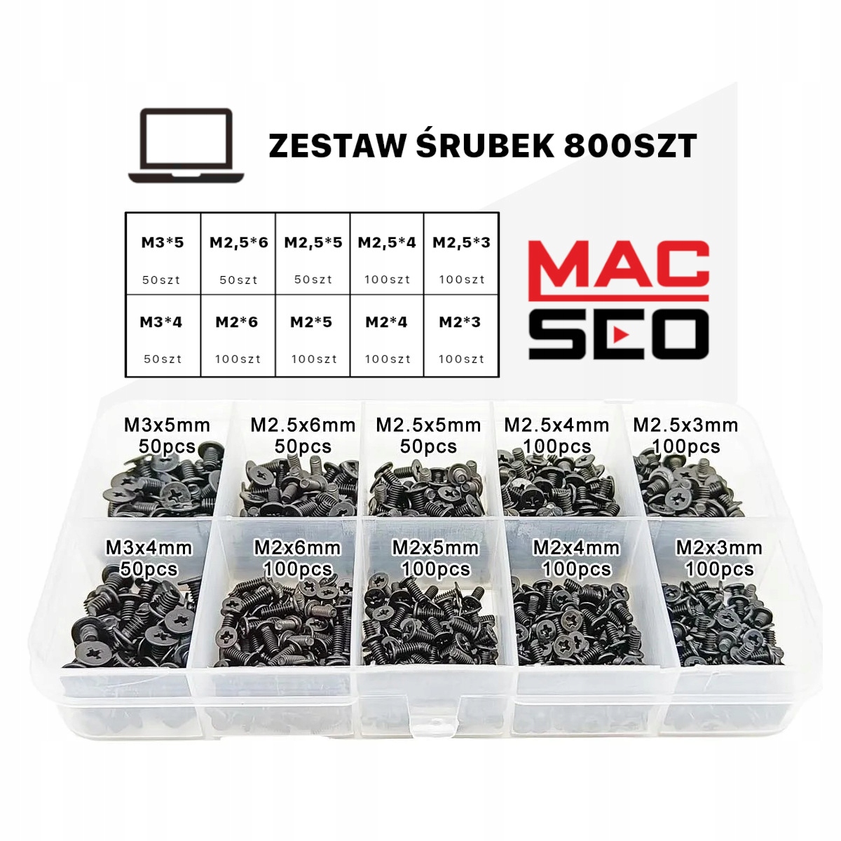 ZESTAW ŚRUBEK DO LAPTOPA 800 SZTUK M2 M2.5 M3 ŚRUBKI DO LAPTOPA MACSEO_PL