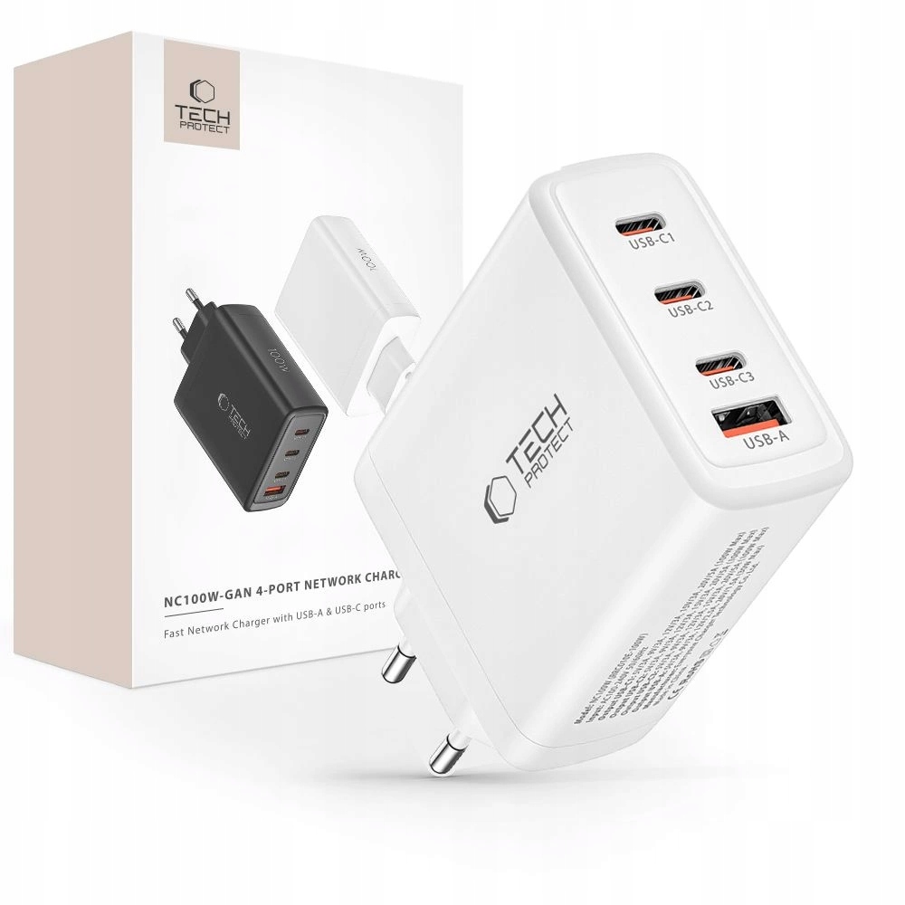 Nabíječka Tech-Protect NC100W-GAN GaN 3x Usb-c Pd 100W Usb-a Qc 3.0 bílá