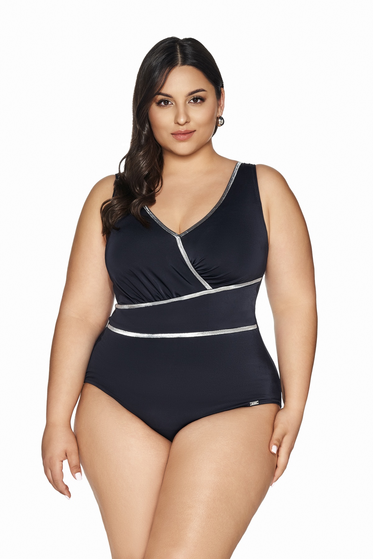 Jednodílné plavky Padded Skj 62 černé se stříbrnou páskou 85D