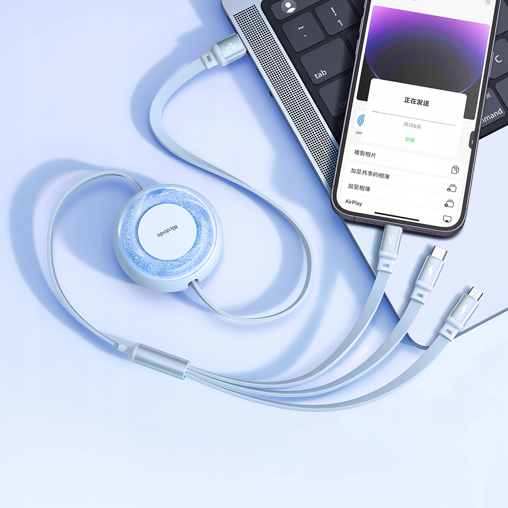 MCDODO KABEL USB 3W1 ZWIJANY USB-C LIGHTNING MICRO USB ŚWIECĄCY NIEBIESKI Marka McDodo